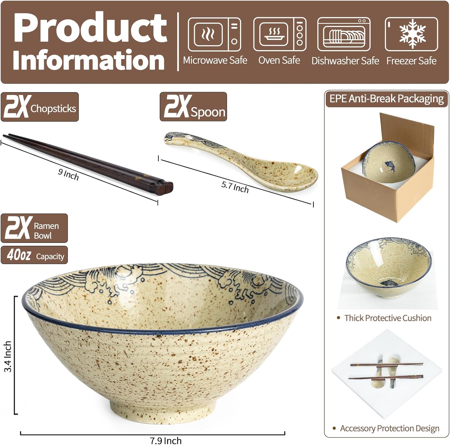 Ceramic Ramen Bowl Set of 2, 40oz Japanese Noodle Bowls with Spoons & Chopsticks Porcelain Large Soup Bowl for Pho, Udon, Retro Style Tableware Microwave & Dishwasher Safe, Fish