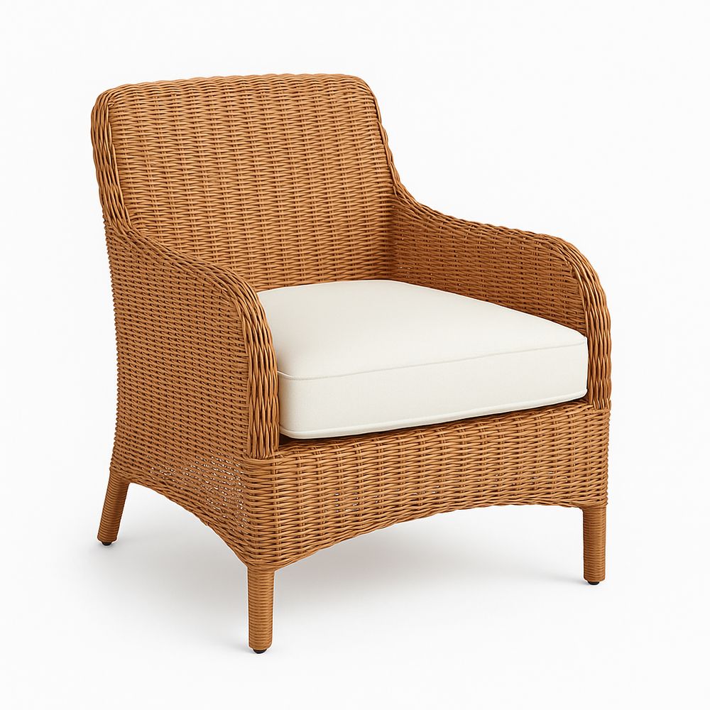 Silla de Ratos Tejida para Exterior, sofá estilo contemporáneo, color natural con cojín blanco, para jardín o terraza