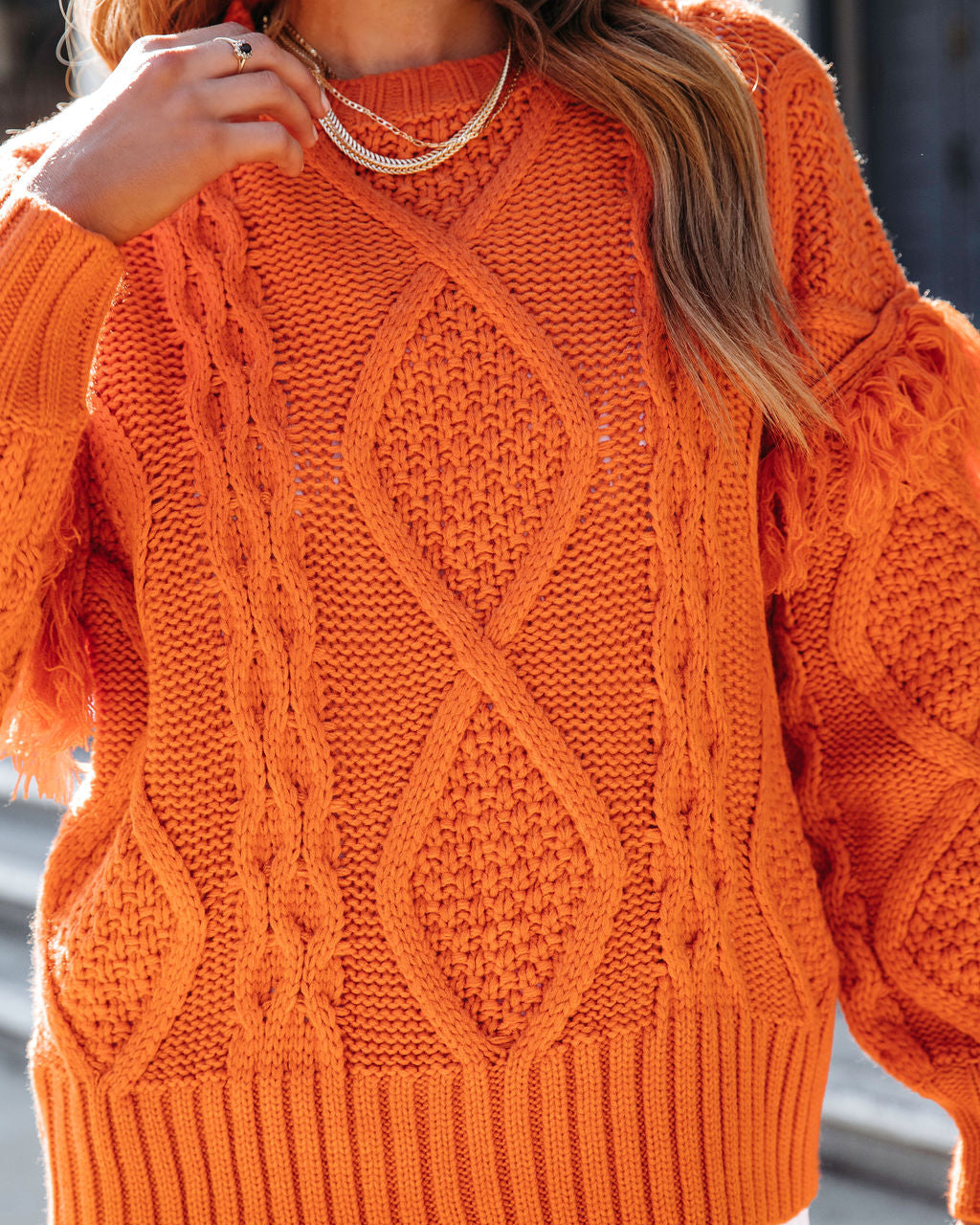 Sun Goes Down Cable Knit Fringe Pullover Sweater - Orange - Se7enfashion