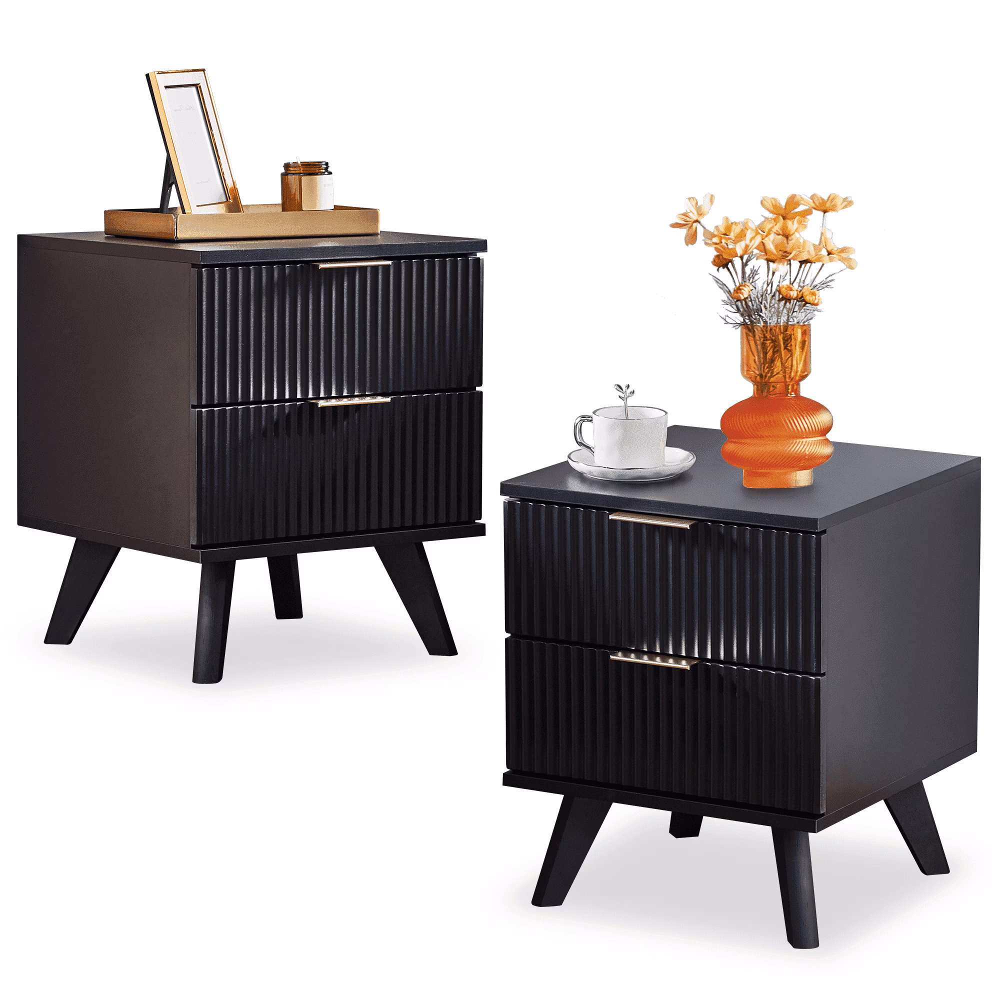 YOCWO Fluted Nightstand for Bedroom Set of 2, Wood Bedside Table Set of 2 with Drawers, Black(6 drawer walnut)