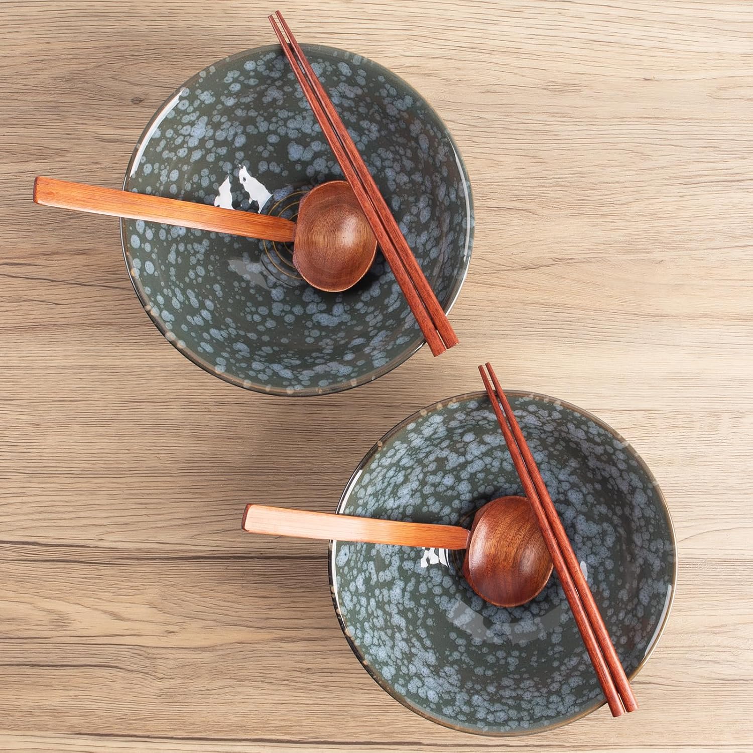 40oz Japanese Ceramic Ramen Bowl Set of 2 with Chopsticks and Spoons for Pho Udon Asian Soup Noodles (Jade Speck)