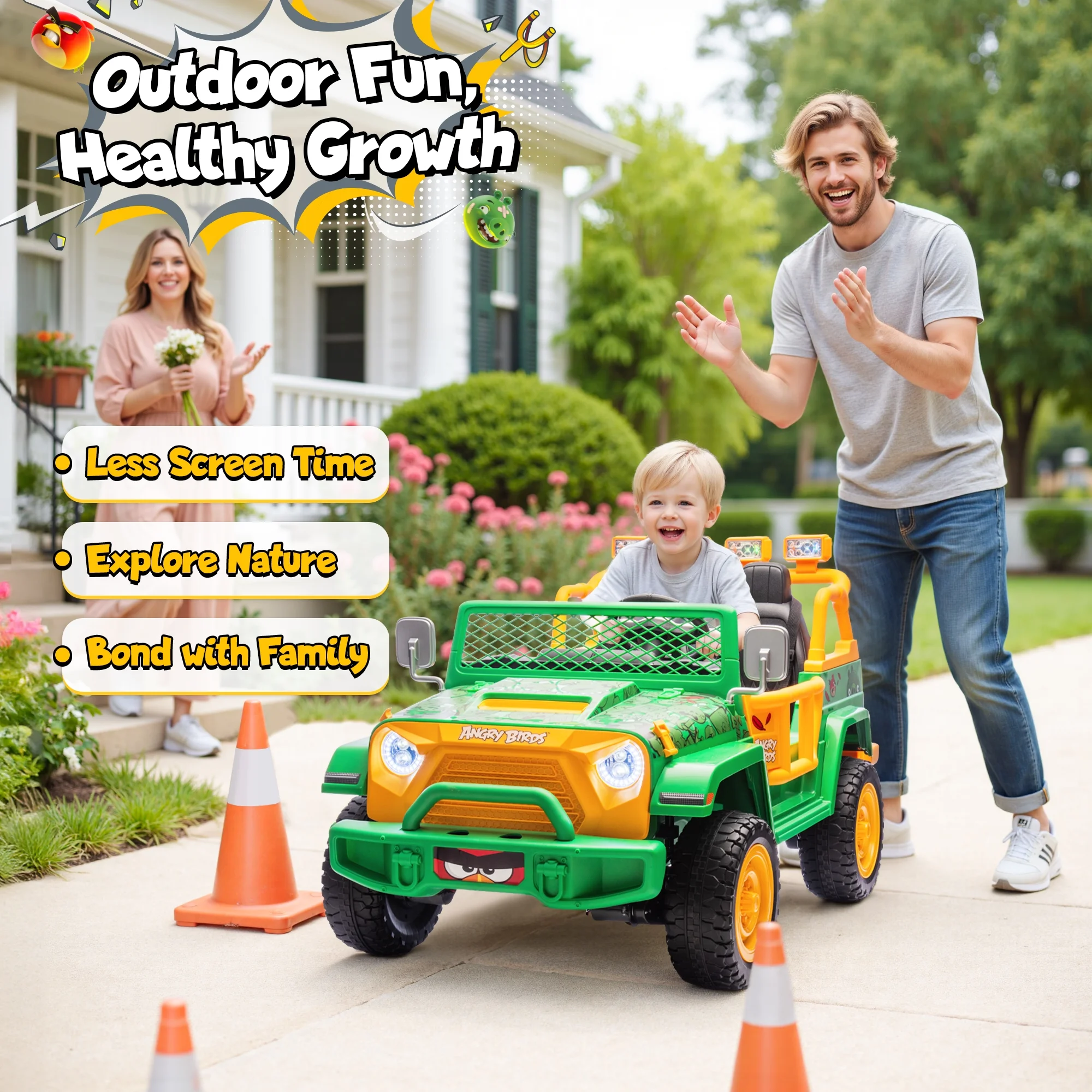 Joyracer 24 Volt Ride on Toys for Big Kids, Licensed Angry Birds Ride on Truck with Remote, 2 Seater 4WD Electric Ride ons with Shovel, Bluetooth, Lights, Power Car Wheels for 3-8, 130lbs, Green - Image 9
