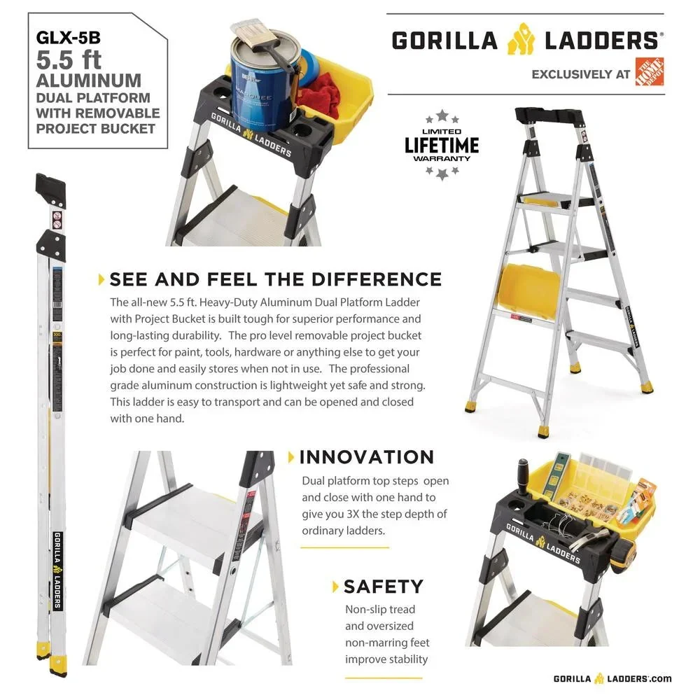 Gorilla Ladders Aluminum Dual Platform Ladder With Project Bucket, 5.5 Ft, 300 Lb Capacity - Image 5 Gorilla Ladders Aluminum Dual Platform Ladder With Project Bucket, 5.5 Ft, 300 Lb Capacity - Image 5