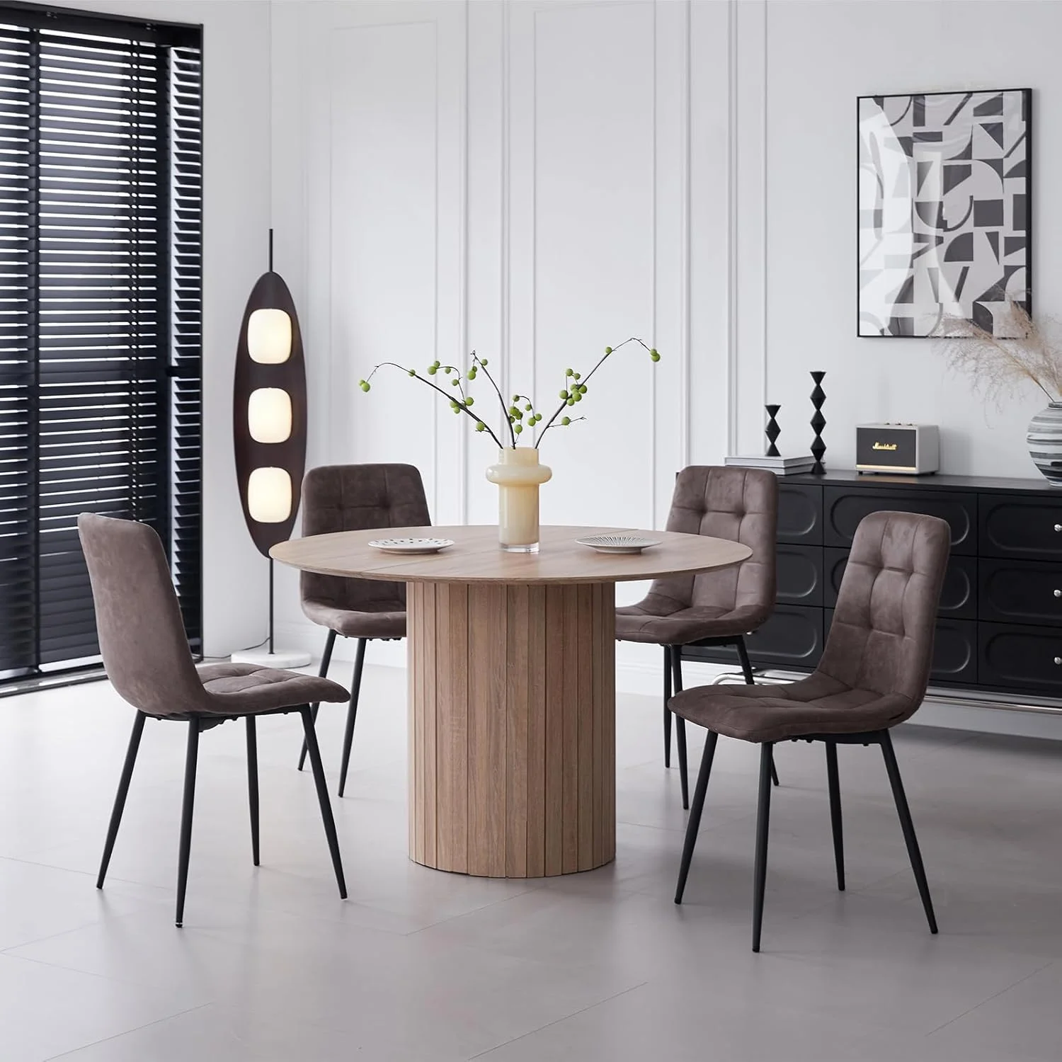 5 Piece Round Dining Table Set - Mid-Century 47 inch Oak Dining Table with 4 Brown Faux Leather Chairs Set, Dinner Table & Chair with Metal Legs for Kitchen Dining Room, Apartment, Bedroom - Image 2