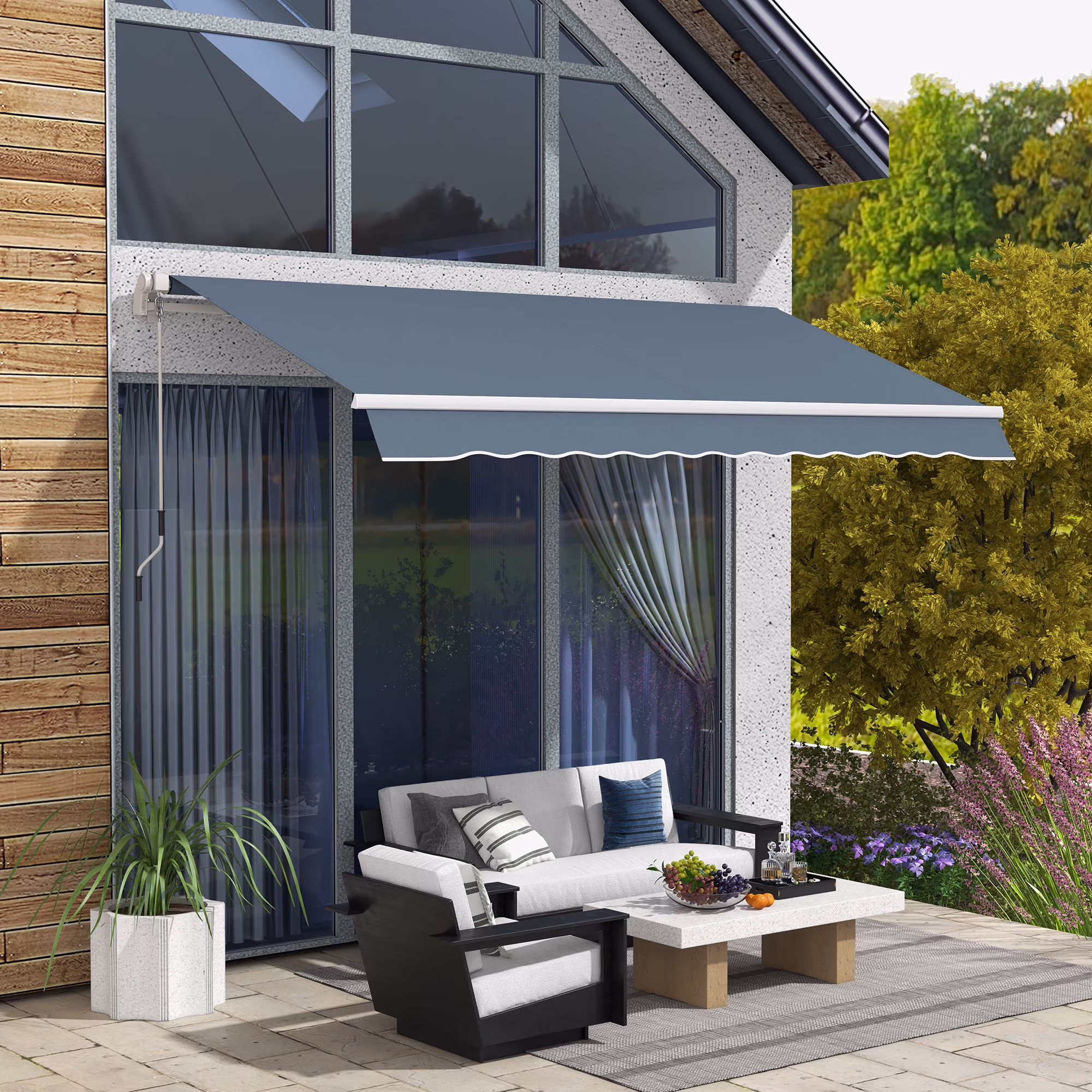 Outsunny 12' x 10' Manual Retractable Awning Outdoor Sunshade Shelter for Patio, Balcony, Yard, with Adjustable & Versatile Design, Beige and White - Image 9