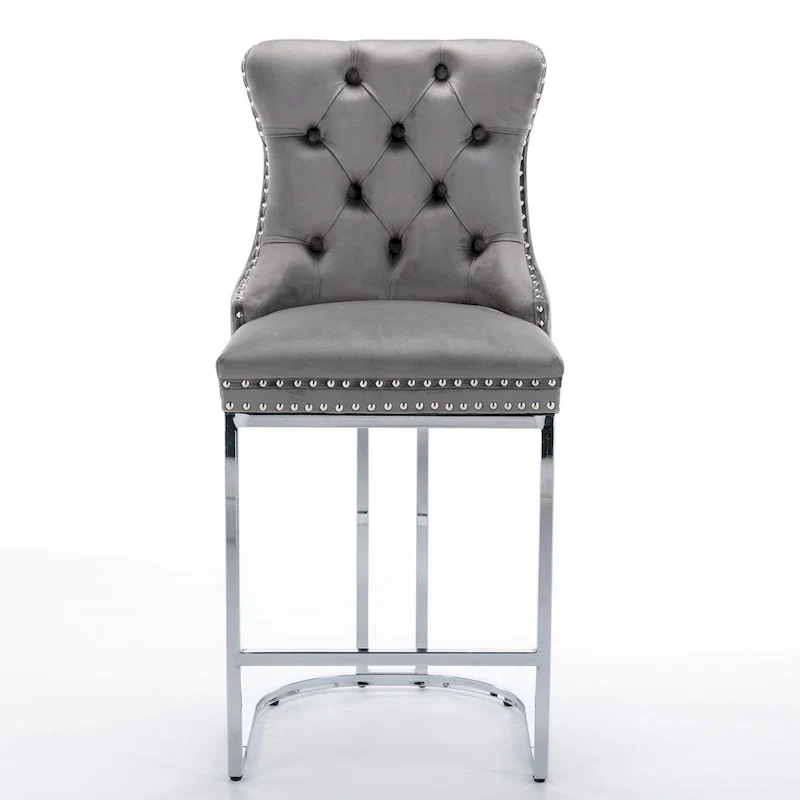 Contemporary Set of 2 Bar Stools with Button-Tufted Back and Studded Trim, Chrome Metal Base - Ideal for Dining Room, Living Room, and Bedroom