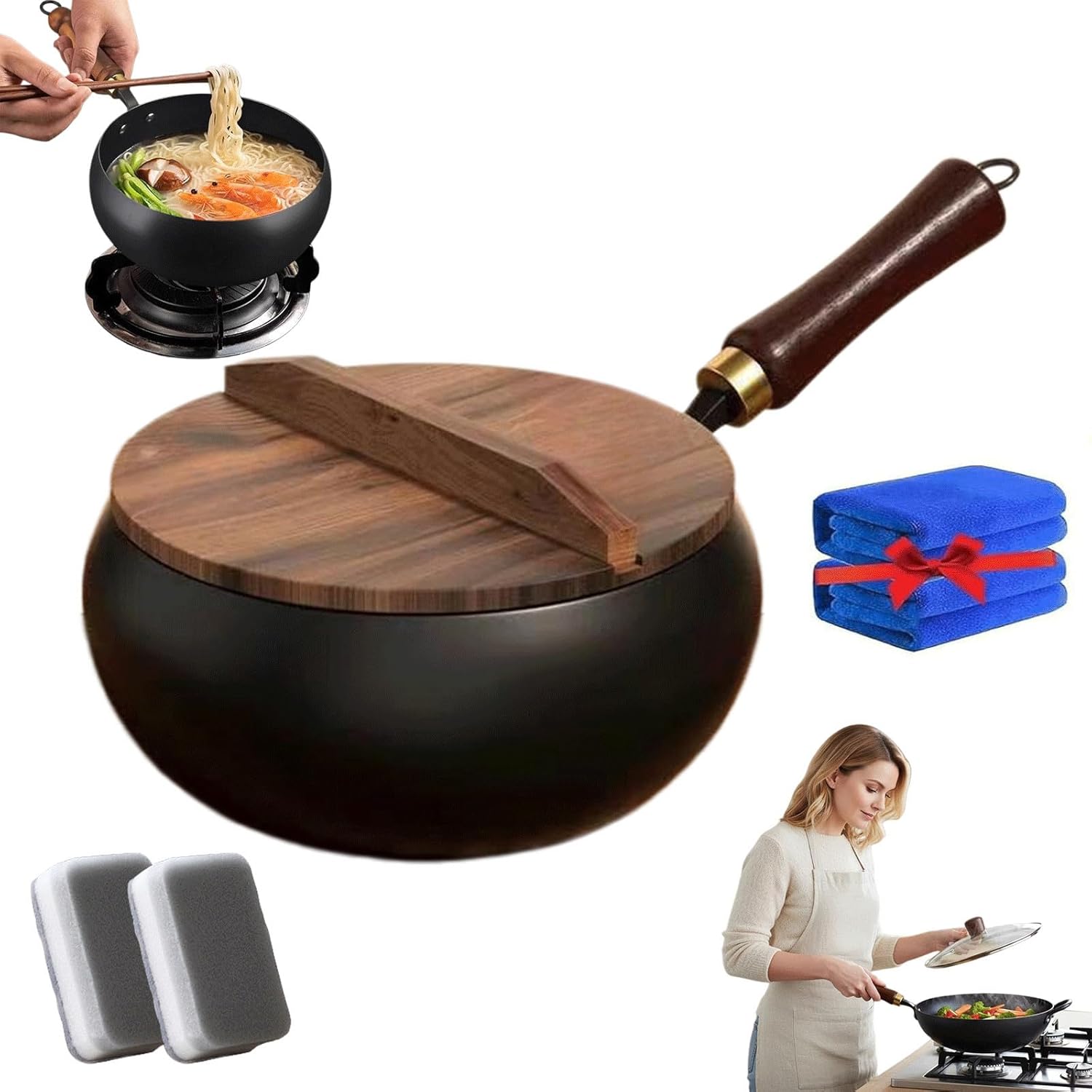 2026 New Japanese Cast Iron Wok Pan,9.45 In Hand Hammered Japanese Cast Iron Pot,Uncoated Healthy Cooking Pot With Lid,Uncoated Healthy Pot For Induction, Gas & Electric Stoves (Pot)