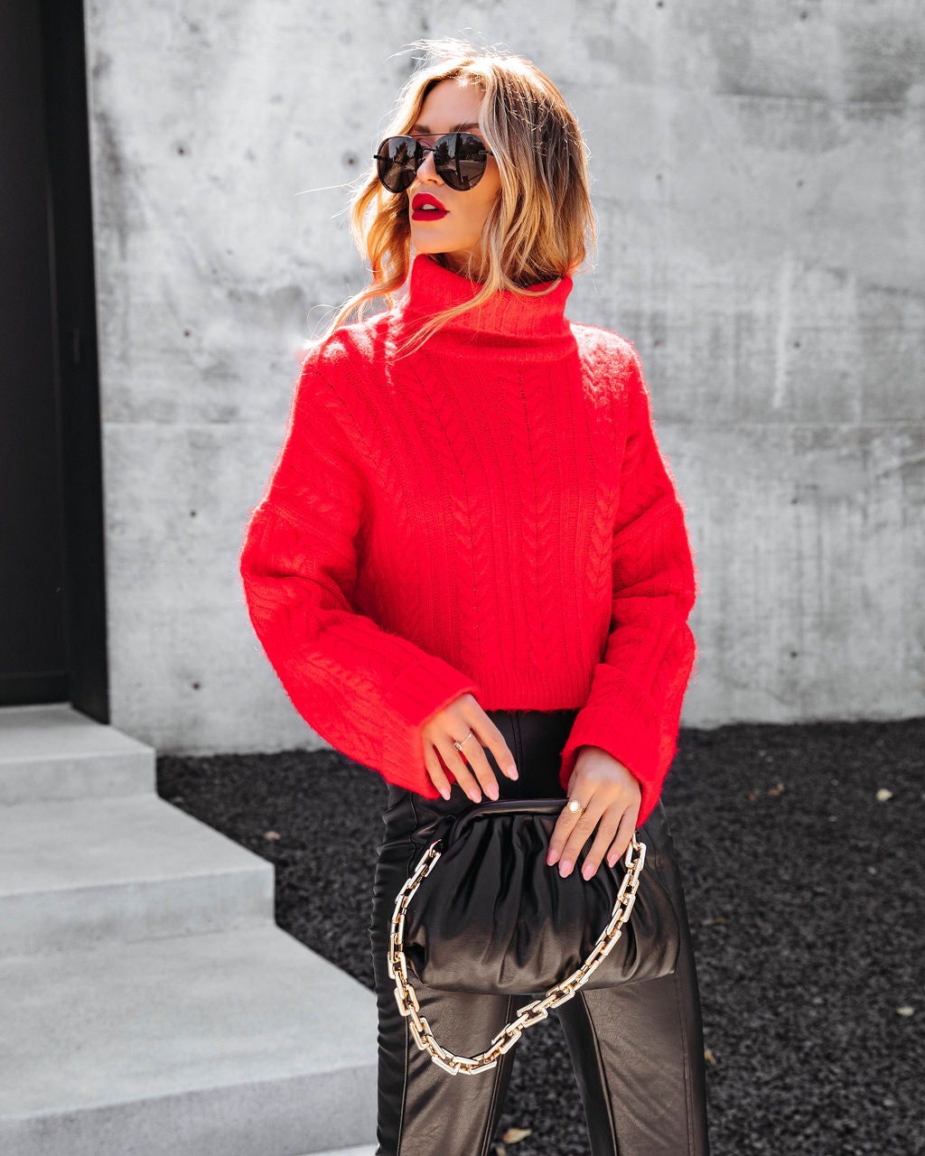 Georgie Cable Knit Turtleneck Pullover Sweater - Red - FINAL SALE - Se7enfashion