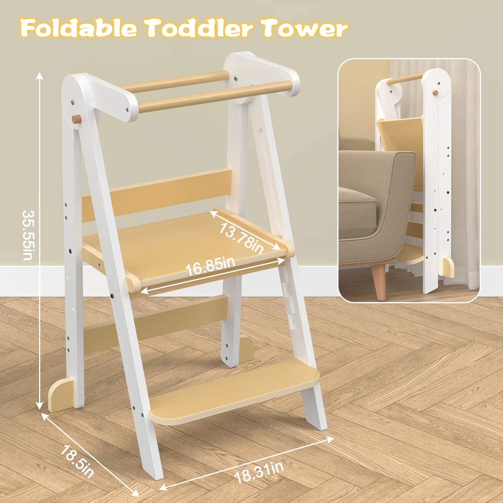 JOZ Kitchen Toddlers Step Stool, Montessori Kids Learning Stool, Foldable Toddler Tower for Counter, Standing Helper for Children, 3 Adjustable Heights, Wooden, White - Image 2