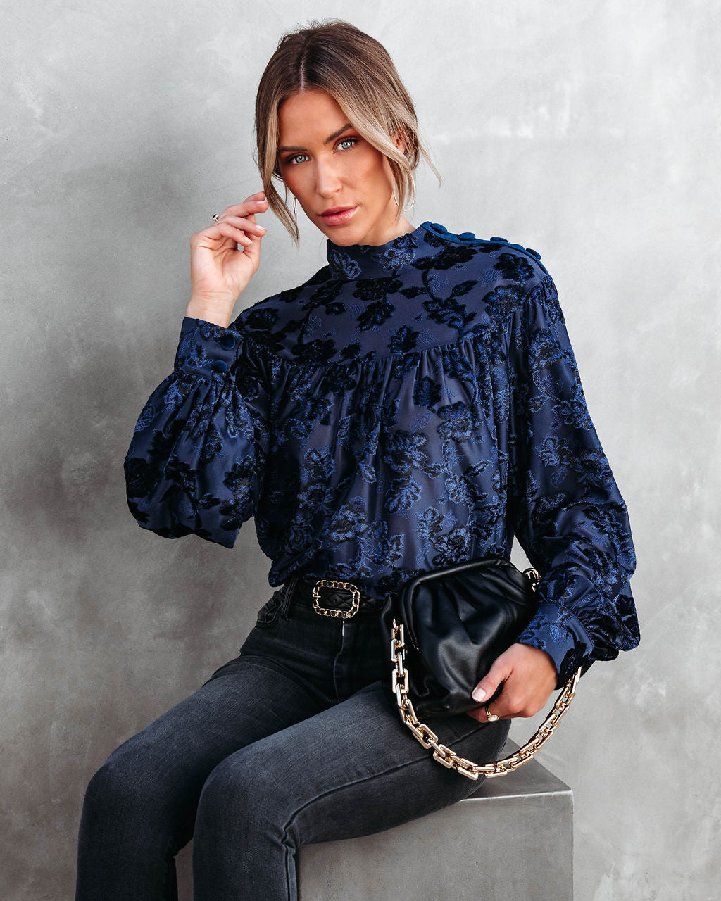 Jane Floral Burnout Velvet Top - Navy - Se7enfashion