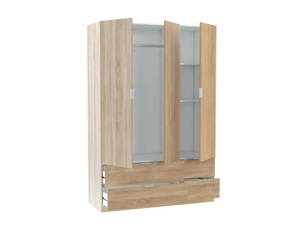 Armario de dormitorio Nidovia en roble, 3 puertas, 2 cajones y perchero, 135x52x200 cm azs1663569