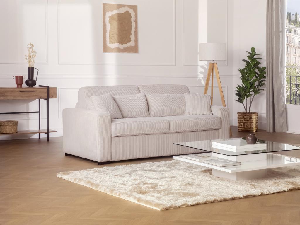Sofá cama 4 plazas apertura rápida tela crema colchón 18cm