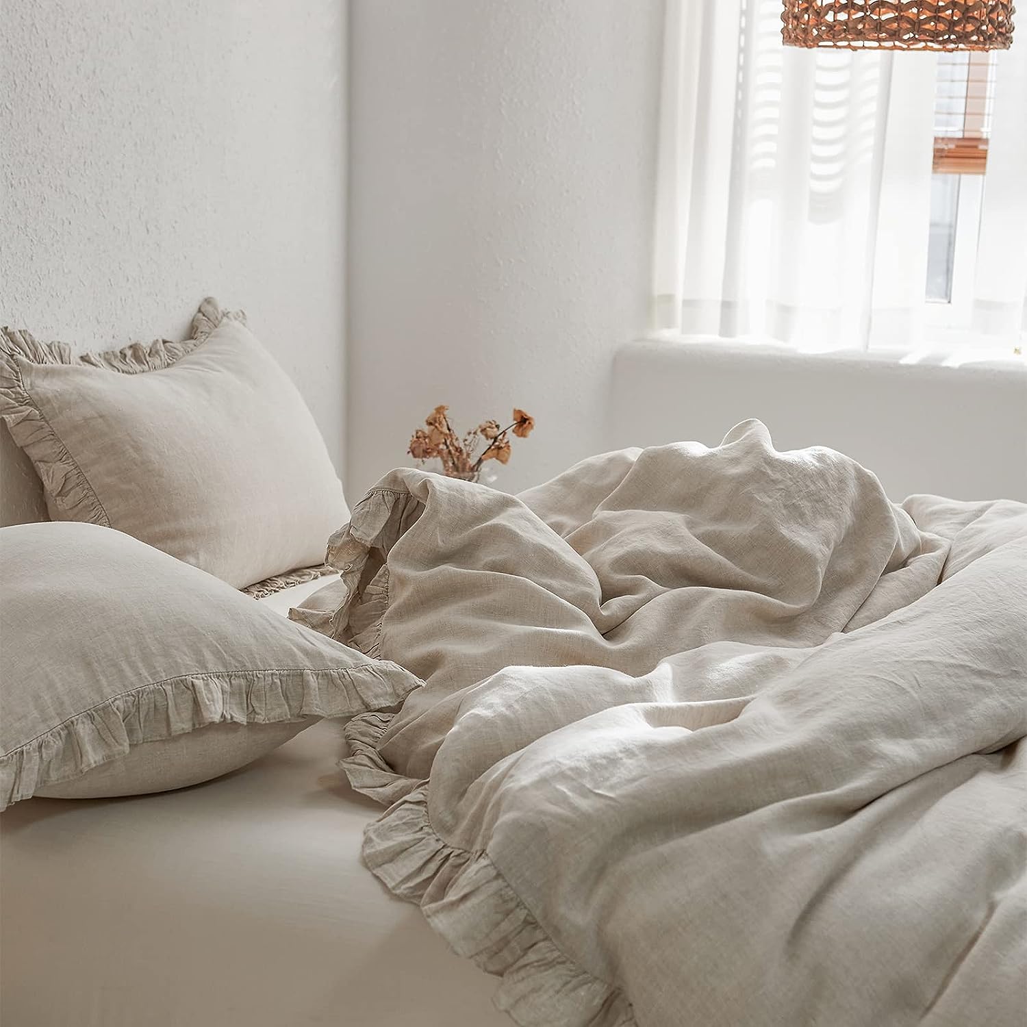 100% Washed French Linen Polyester Duvet Cover Set Premium Ruffled Farmhouse Bedding Natural Flax High End Frill Sets