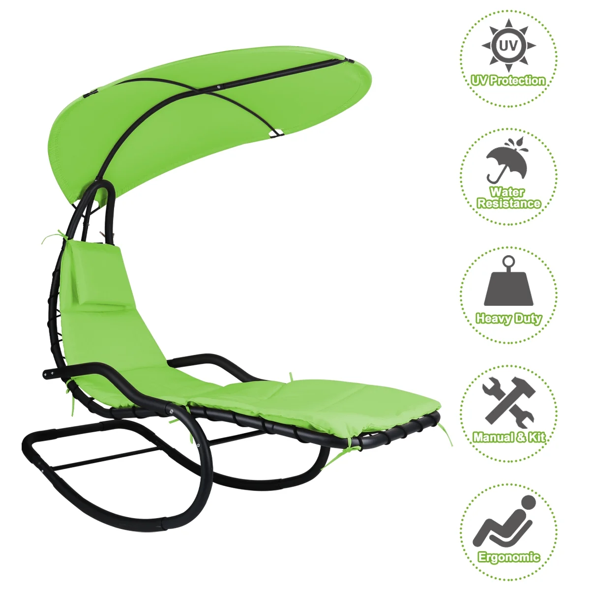2X Rocking Hanging Lounge Chair - Curved Chaise Rocking Lounge Chair Swing For Backyard Patio w/ Built-in Pillow Removable Canopy with stand {Green} - Image 8