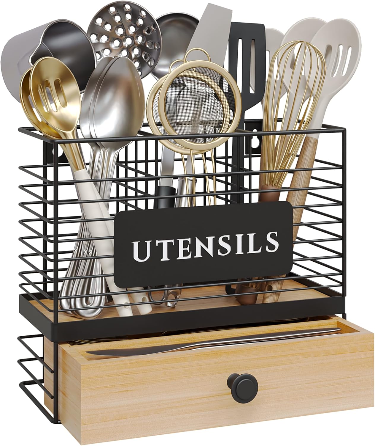 THYGIFTREE Utensil Holder for Kitchen Counter with Diatomaceous Earth Base, Large Black Metal Cooking Tool Organizer with 3 Compartments, Countertop Utensil Holder for Spatula and Kitchen Utensils