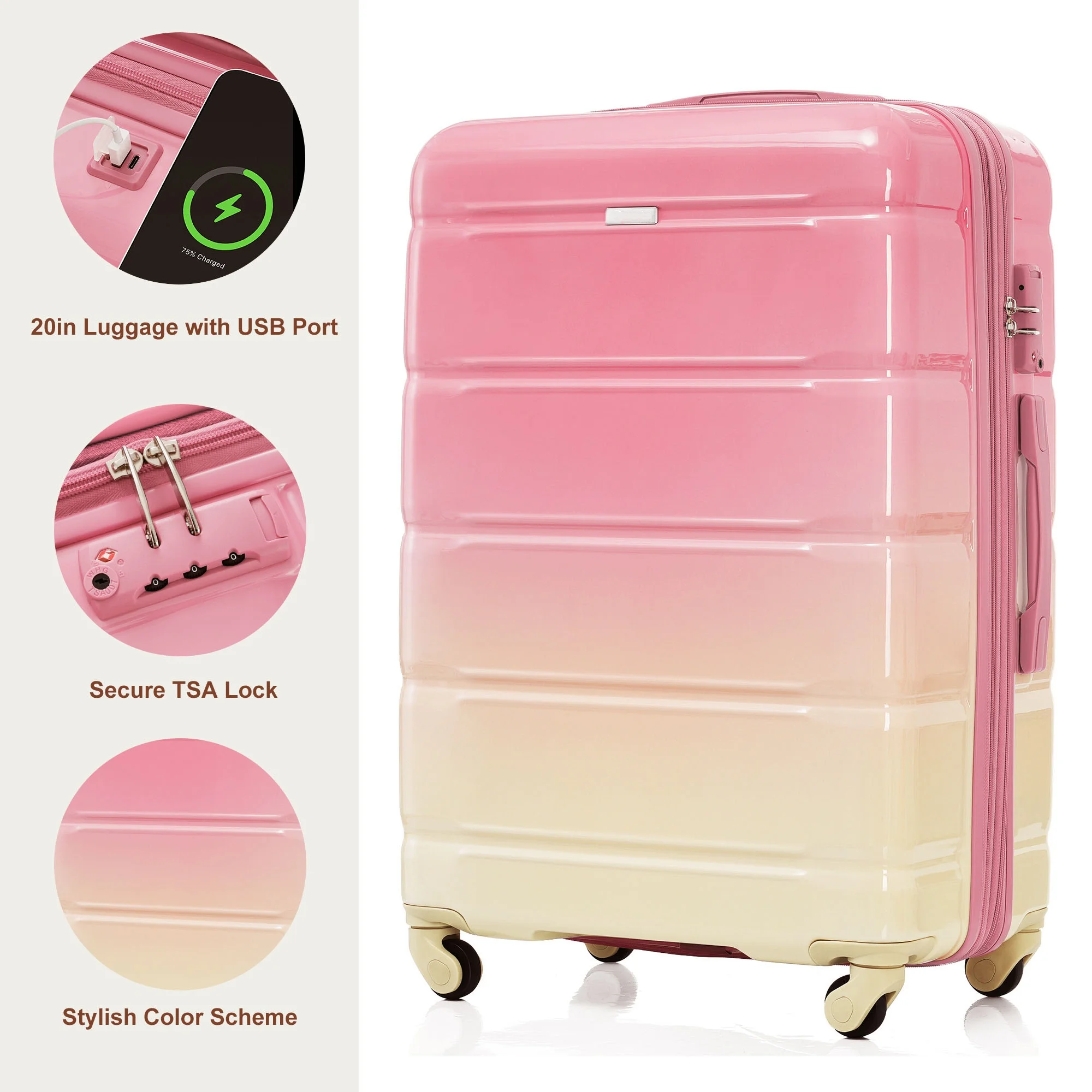 PAPROOS 3-Piece Luggage Set (20''/24''/28''), Hardshell Lightweight Suitcase with USB Port and Side Hooks, Travel Luggage with TSA-Lock, Hardside Rolling Luggage for School, Travel, Pink - Image 2