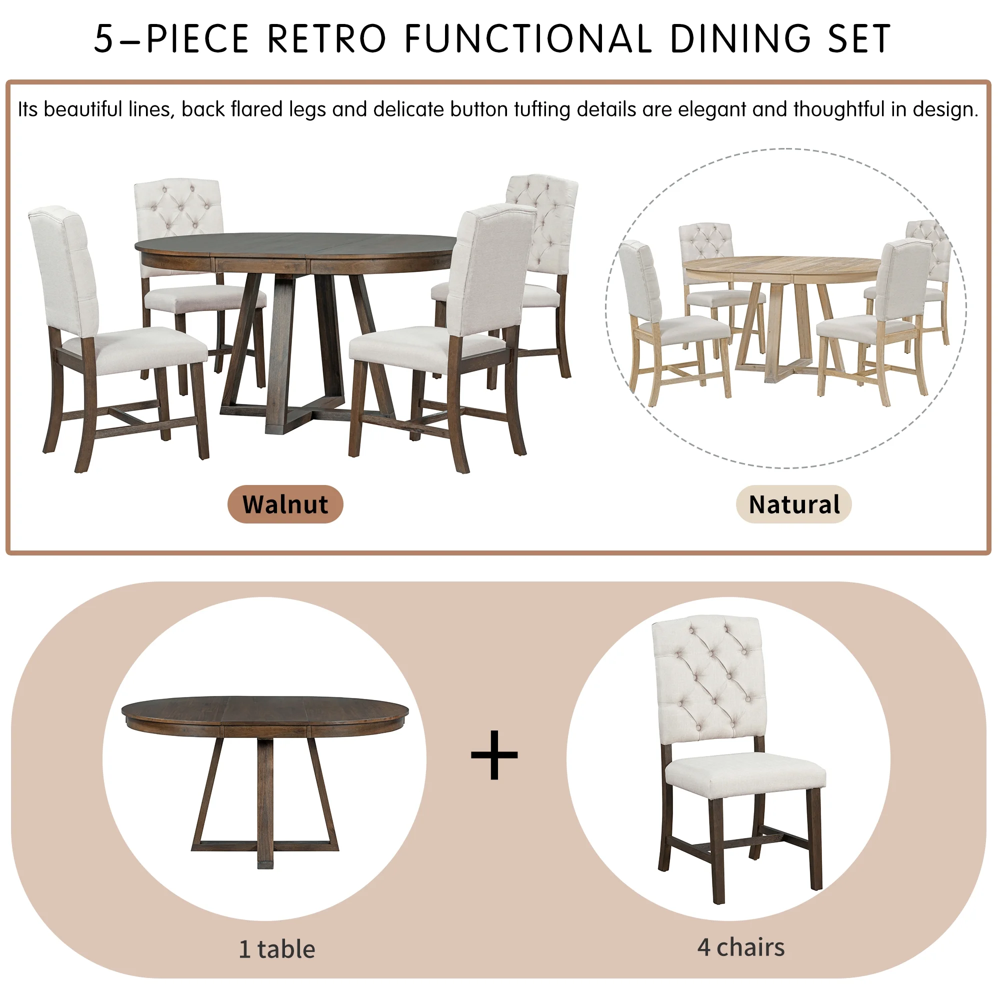 5 Piece Round Dining Table Set, Dining Room Set with Extendable Table and 4 Upholstered Chairs, Wood Dining Table Set for 4, Farmhouse Dining Table Set for Kitchen Dining Room Dorm Apartment, Brown - Image 18