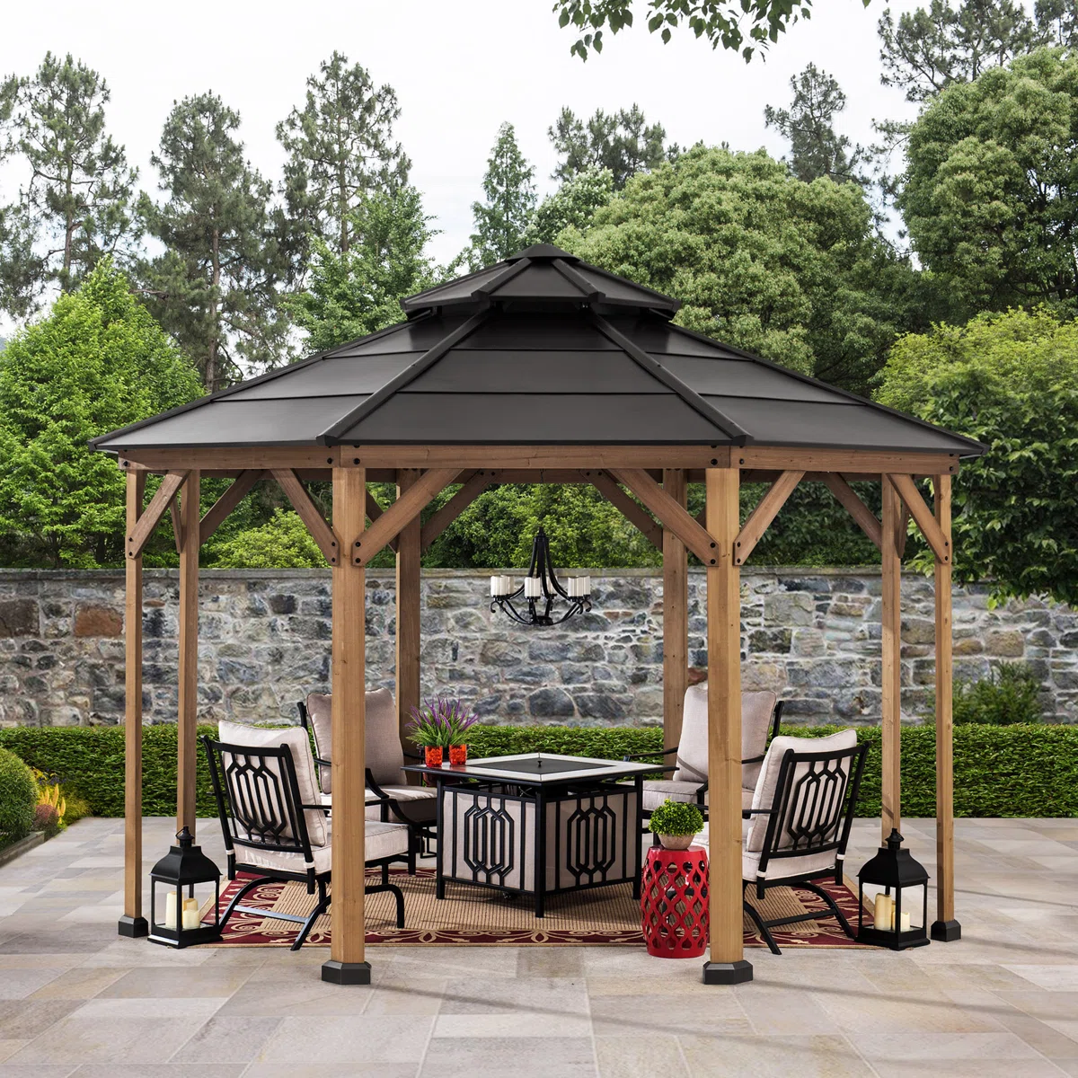 WAYFAIR Sunjoy 13 X 13 Ft. Cedar Framed Octagon Wood Gazebo With Double Tiered Steel Hardtop Roof And Ceiling Hook For Garden, Backyard Shade
