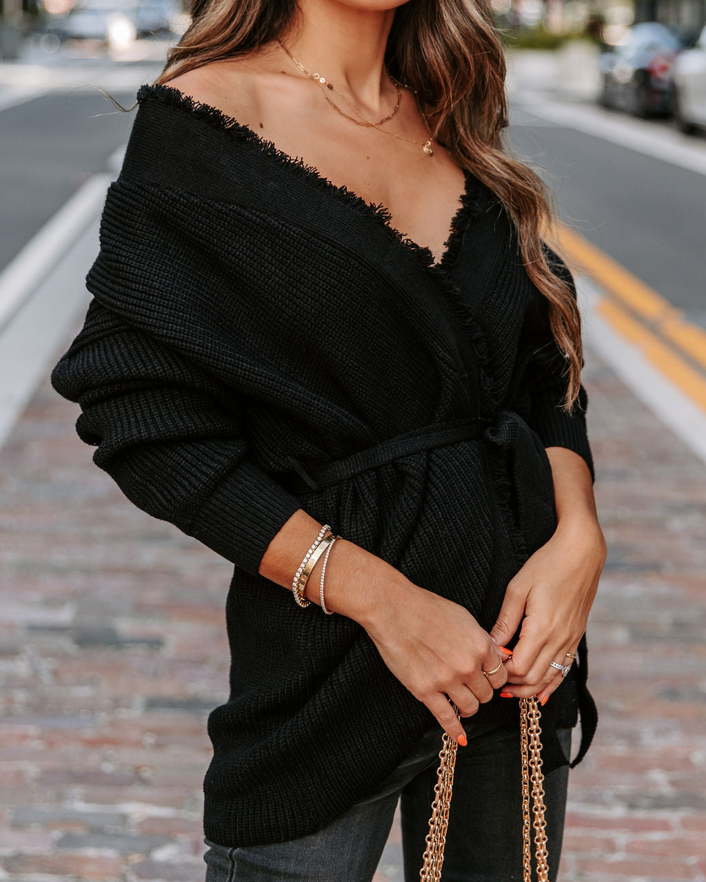 Aurelle Frayed Knit Cardigan - Black - Se7enfashion
