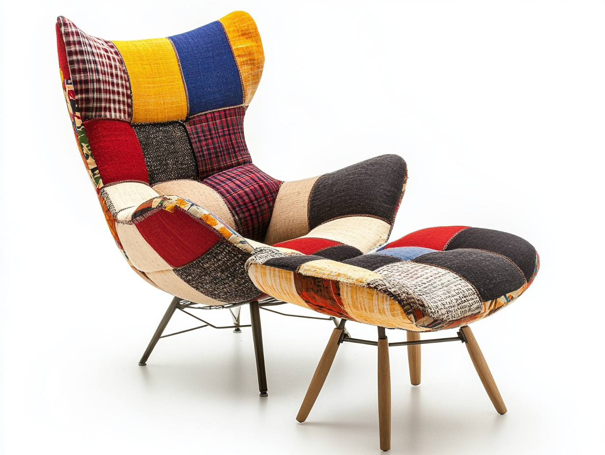Sillón Mao con reposapiés tapizado en tela patchwork para salón moderno o lectura