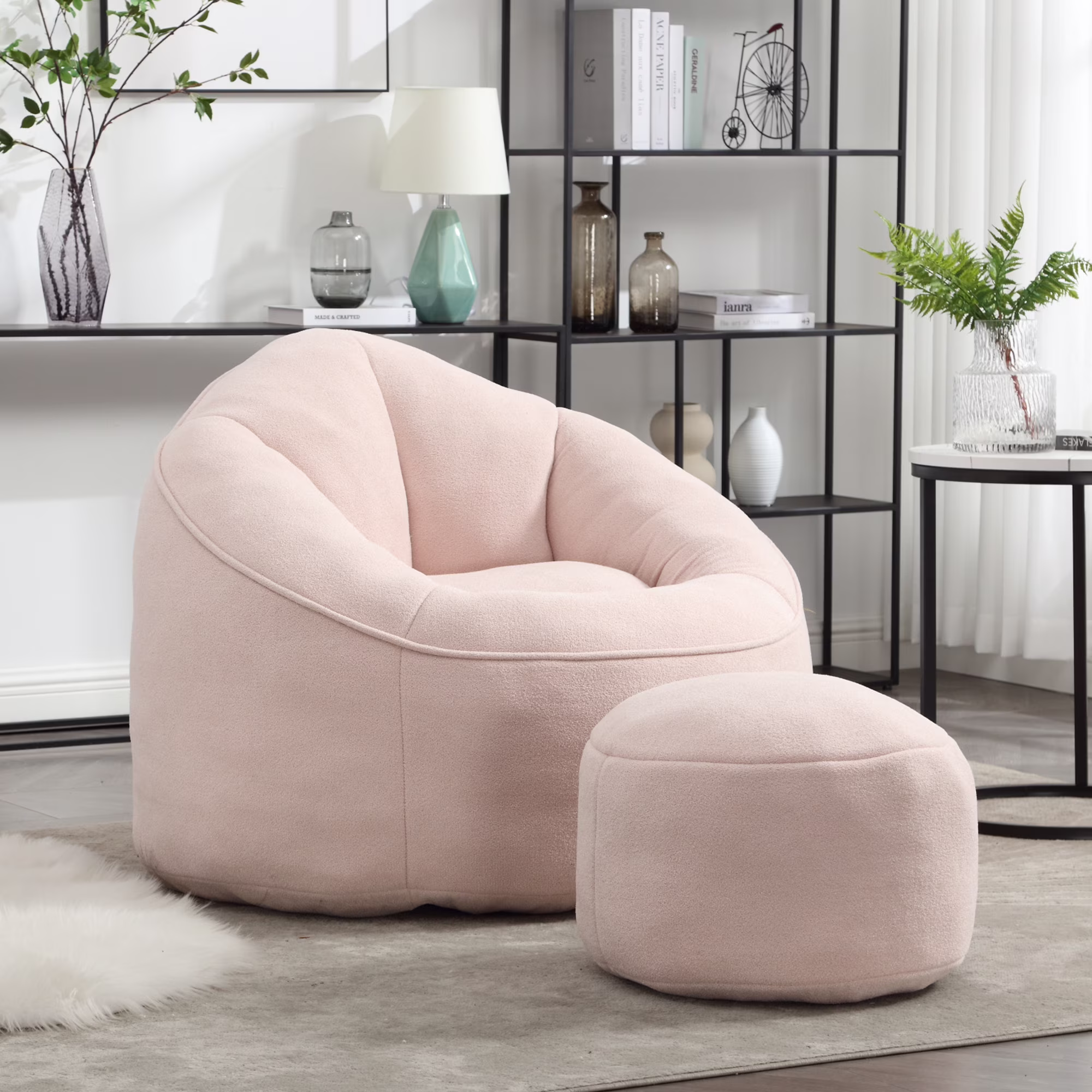 MOONMISS Microfiber Upholstered High Pressure Foam Round Lazy Bean Bag Sofa Chair with Ottoman-Gray - Image 7