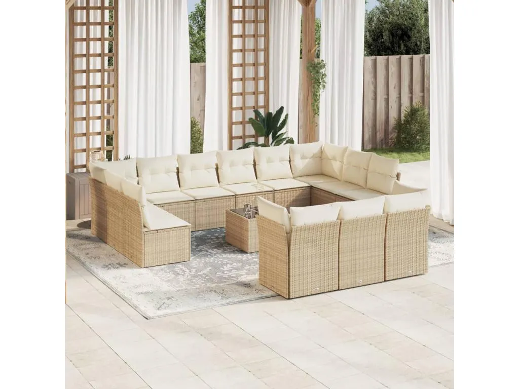 Set sofás de jardín 14 pzas con cojines ratán sintético beige 25234HKBM