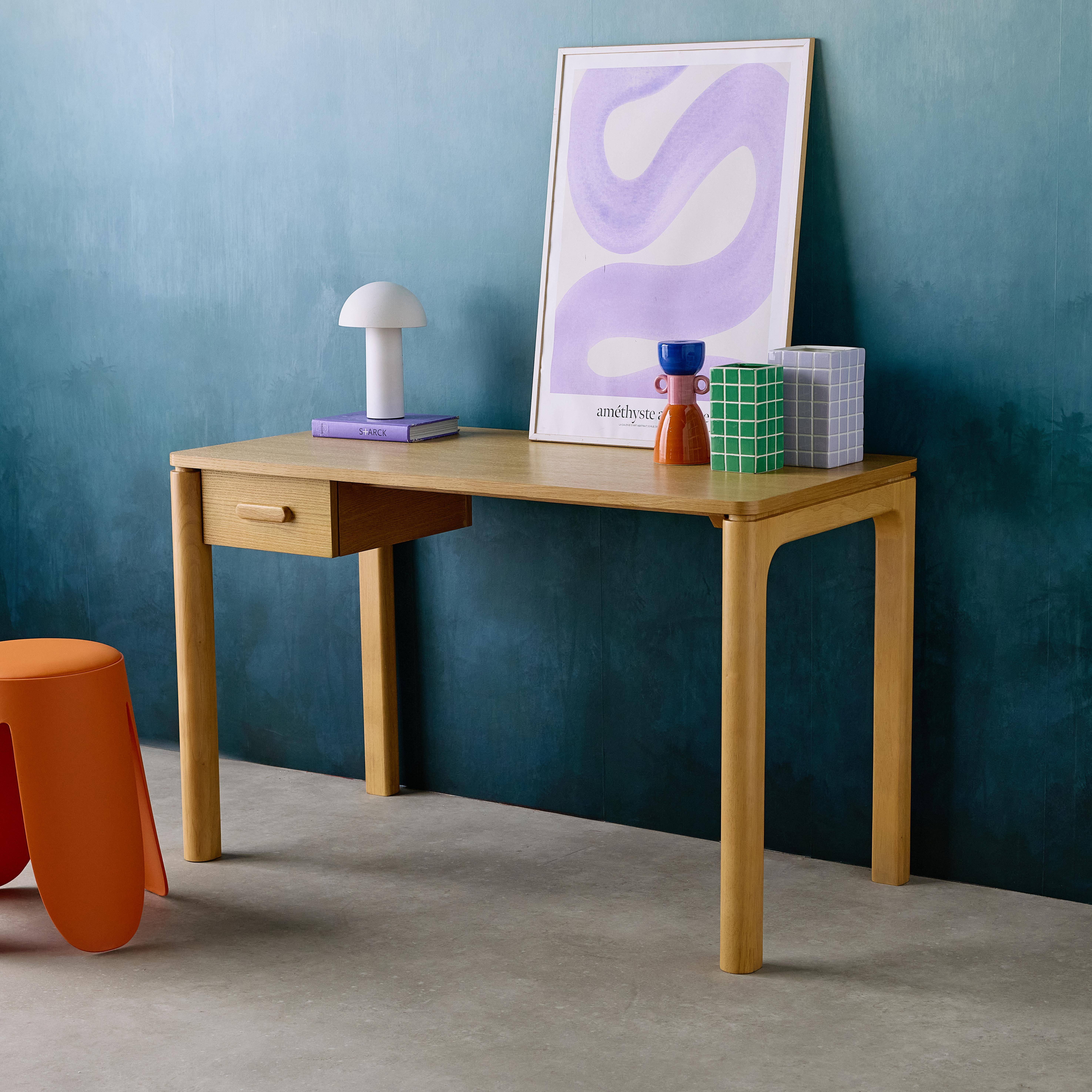 Garance - Escritorio de madera de hevea con chapa de roble, 1 cajón