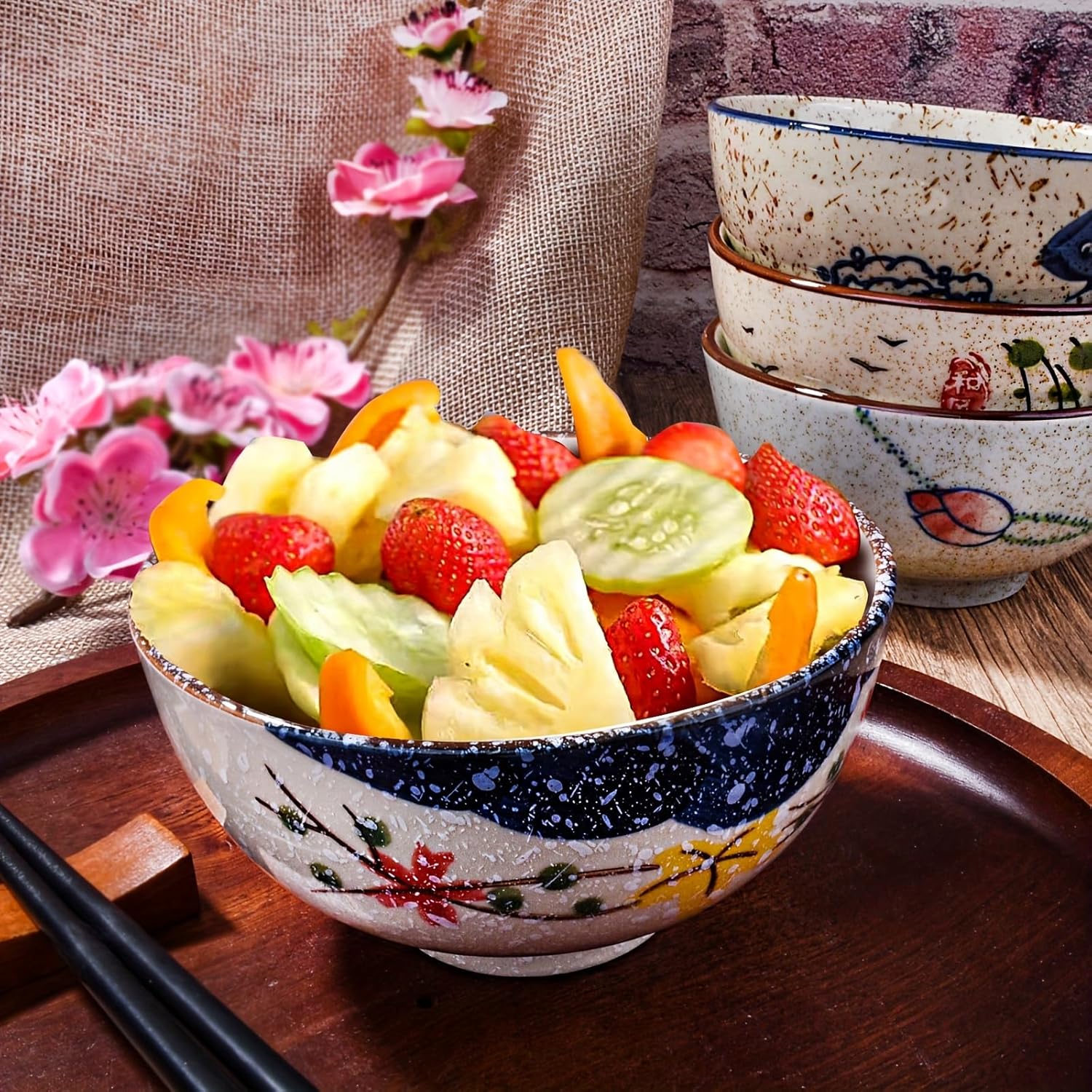 Japanese Retro Rice Bowls Set of 4 Hand-Painted Floral Design Ceramic Soup Sushi Bowls Small Cute Bowls