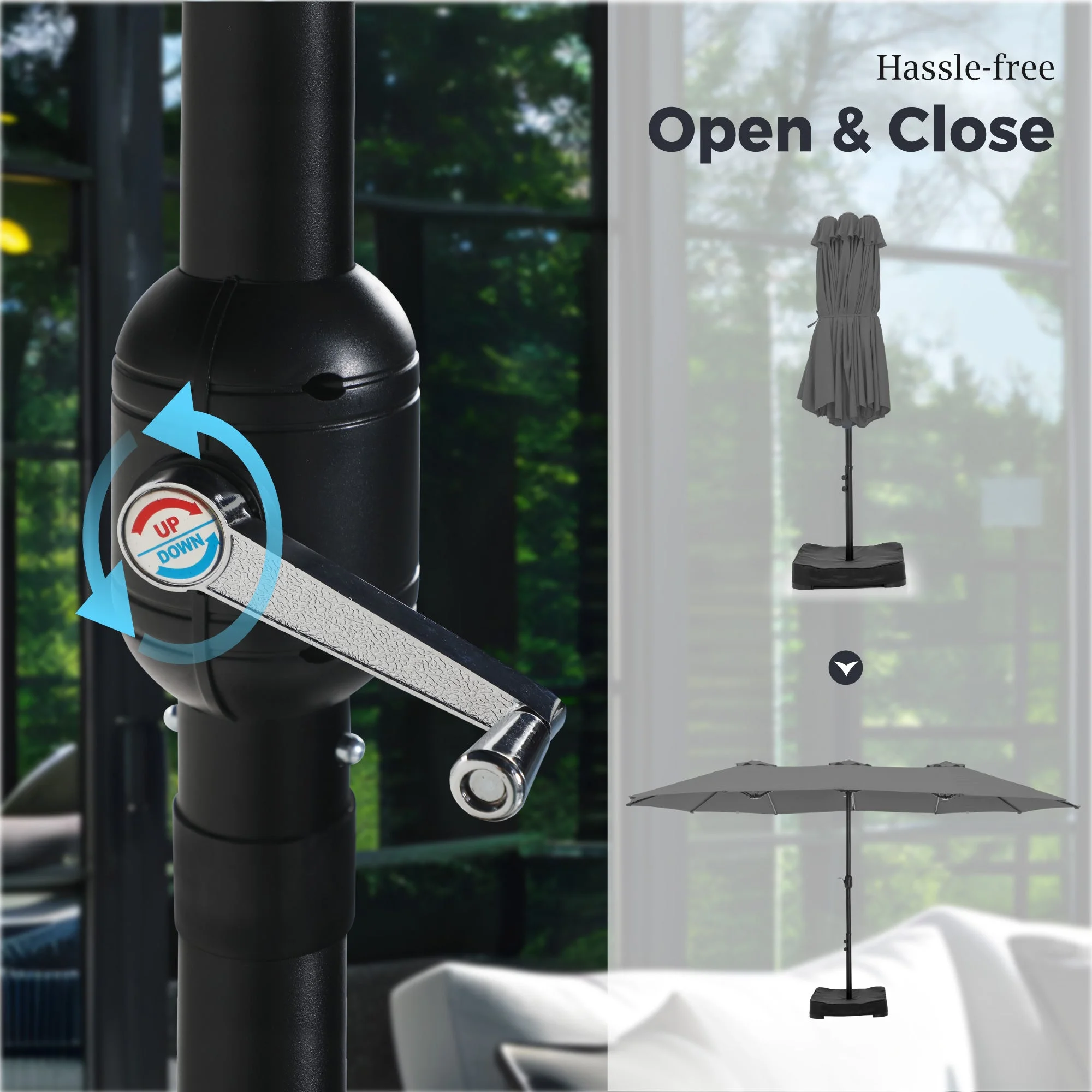 Alpha Joy 15ft Outdoor Patio Umbrella Extra-Large Double-Sided Garden Umbrella with Crank Handle and Base - Smoky Gray - Image 4
