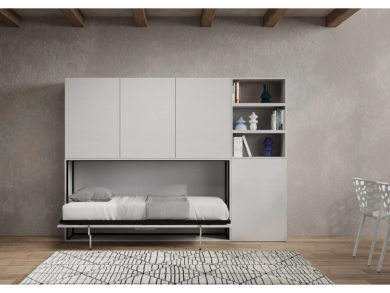 Cama abatible individual horizontal Kando composición F Fresno Blanco