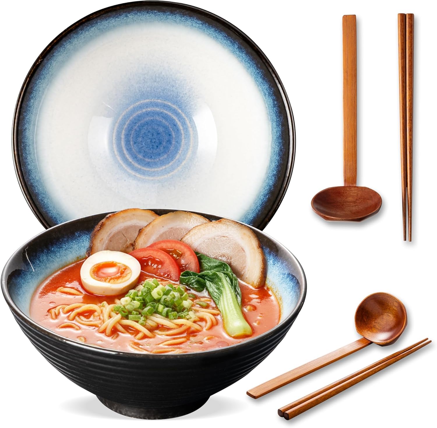 8 Inch Ceramic Ramen Bowl Set of 2, 40oz Japanese Bowls with Spoons & Chopsticks,Durable,Microwave & Dishwasher Safe,Perfect for Ramen,Pho,Salad,Soup,Noodles，Mixing bowls（Verdigris Green）