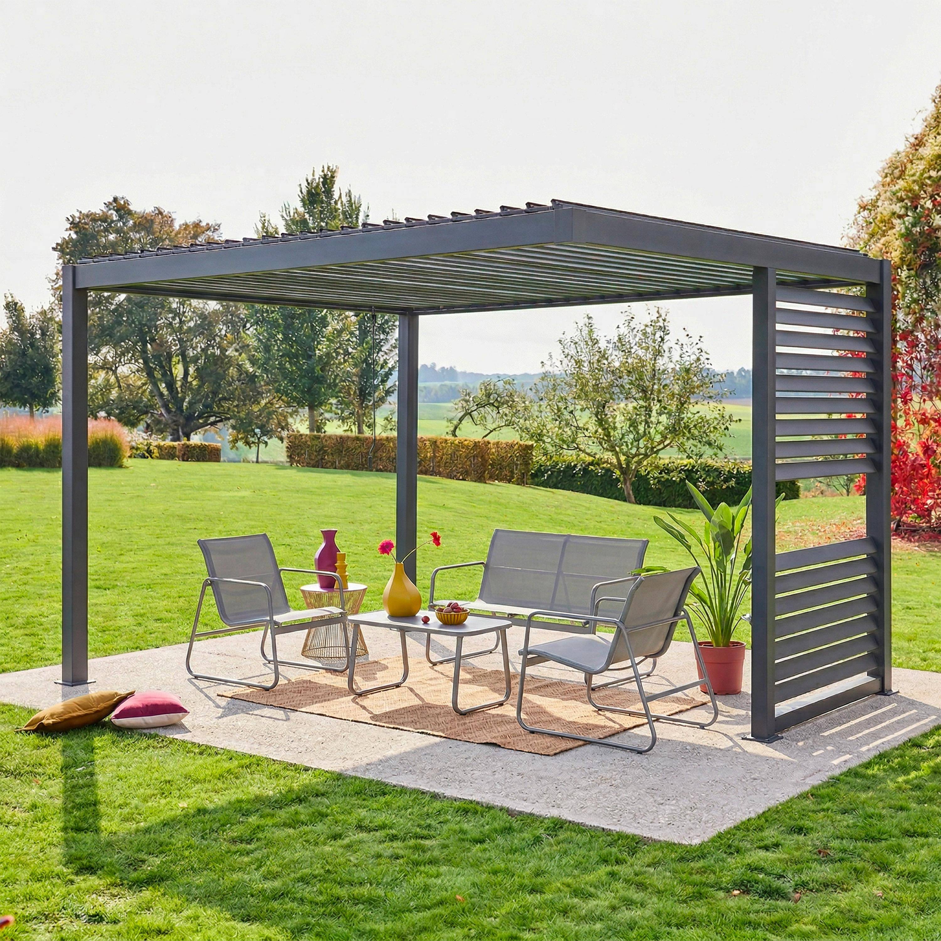 Palace Deluxe 3,5x3,5m - Pérgola bioclimática de aluminio y acero con lamas orientables y persiana integrada, 3,5x3,5m