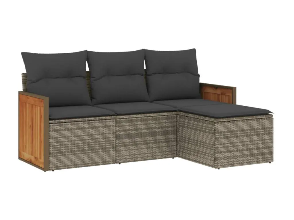 Set de sofás de jardín 4 piezas con cojines de ratán sintético en gris