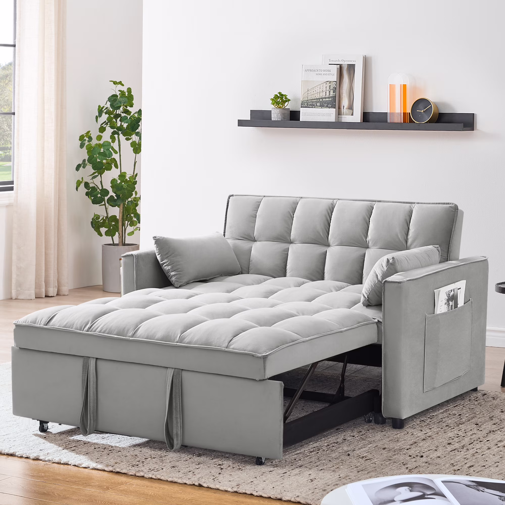 Convertible Sofa Bed,3-in-1 Sleeper Sofa with Pull Out Bed,Velvet Highly Elastic Sponge Futon Couch Loveseat with Adjustable Backrest and 2 Pillows for Living Room,Gray