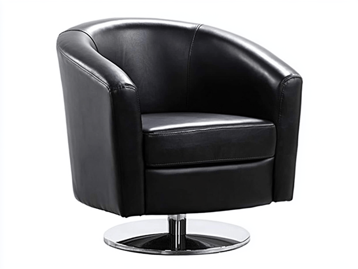Sillón giratorio 75×70×78 cm – tapizado en piel sintética negra con base metálica cromada – diseño contemporáneo con respaldo envolvente