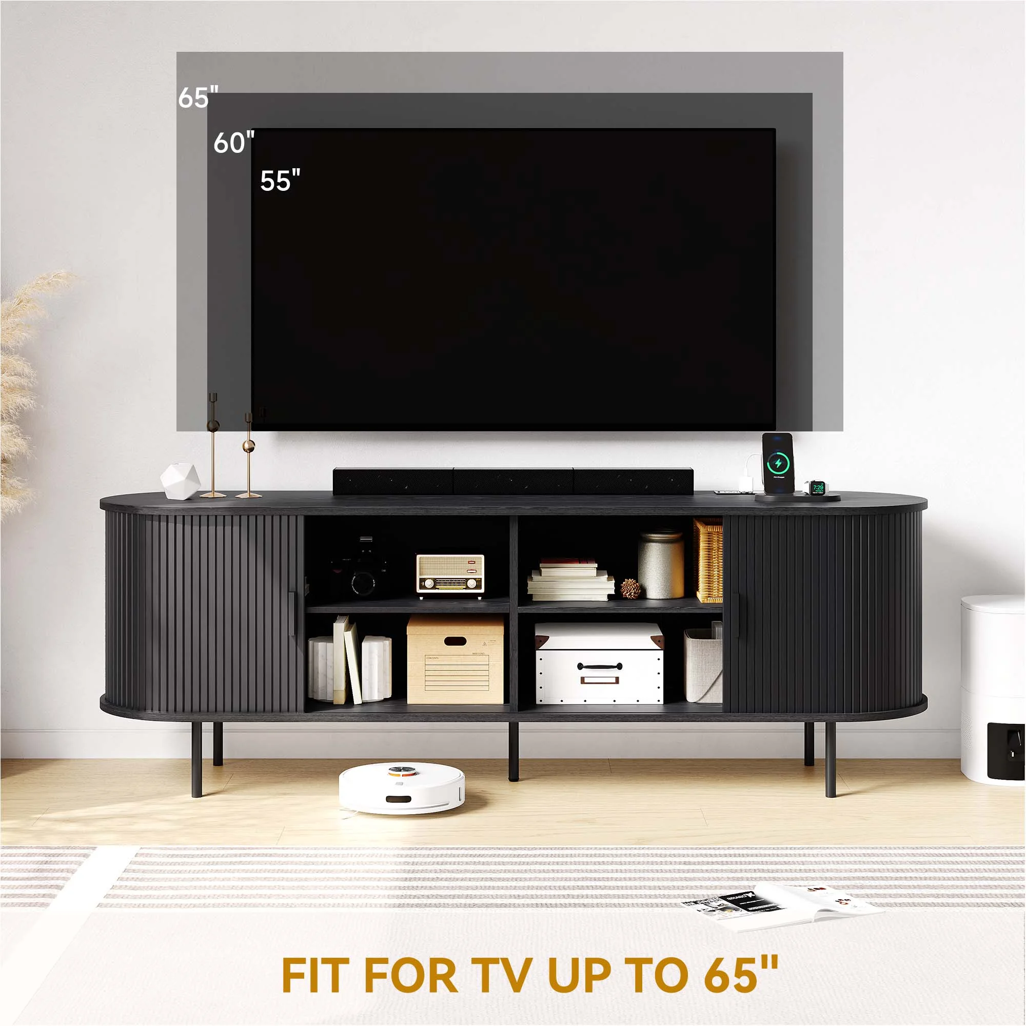 MARNUR 63" TV Stand for 70" TV, Wood Entertainment Center with Storage and Shelves, 2 Sliding Tambour Doors, Mid-Century Modern, Walnut - Image 22