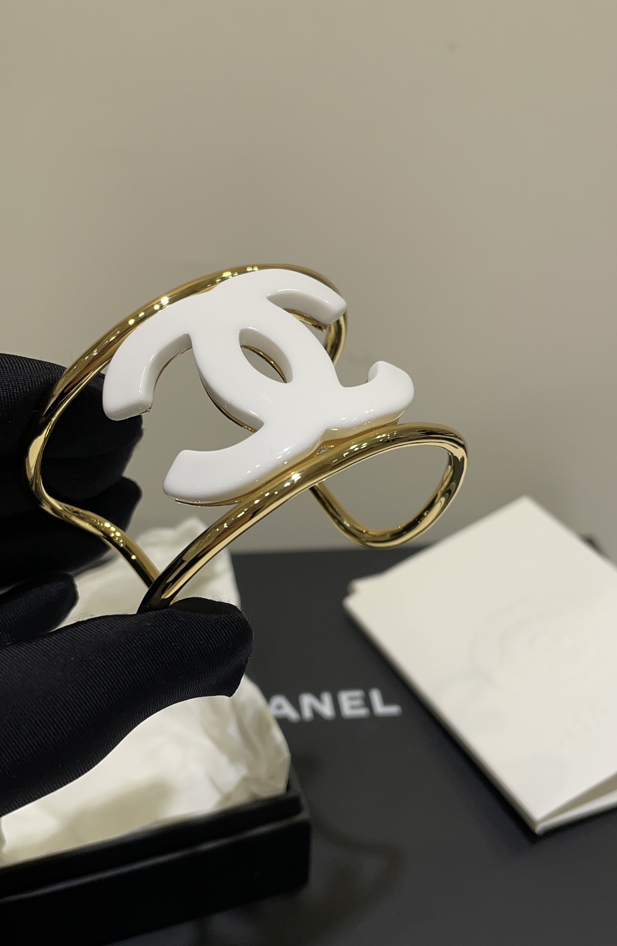 Chanel Funky Personality White CC Gold Cuff Bangle Bracelet - Original Replica Club