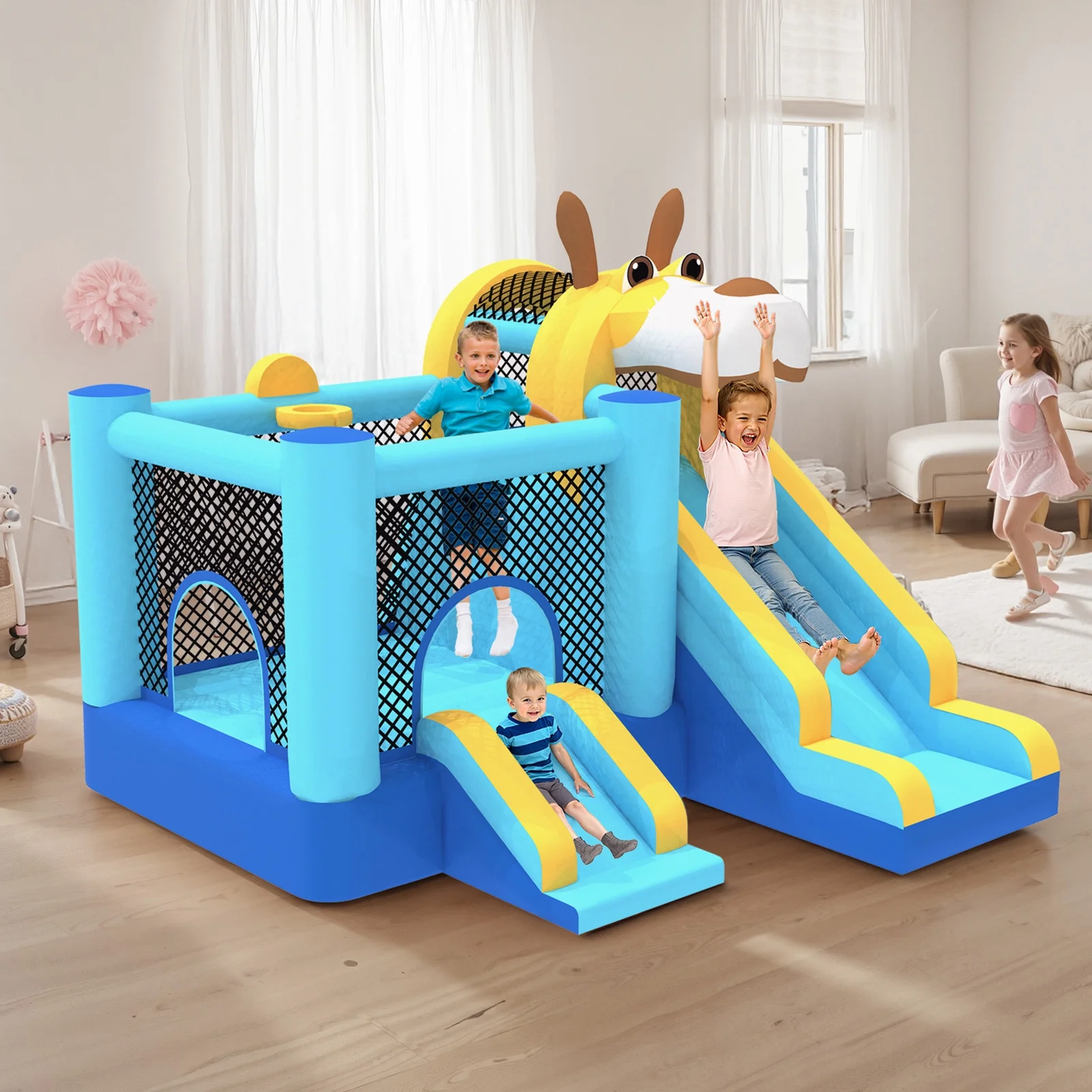 Mukidy 114''x 114'' x 92.5'' Inflatable Bounce Houses for Kids 3-10 with Blower Double Slide and Ball Pit/Indoor Bouncy House, PVC, Child, Teen, Toddler,Blue - Image 2