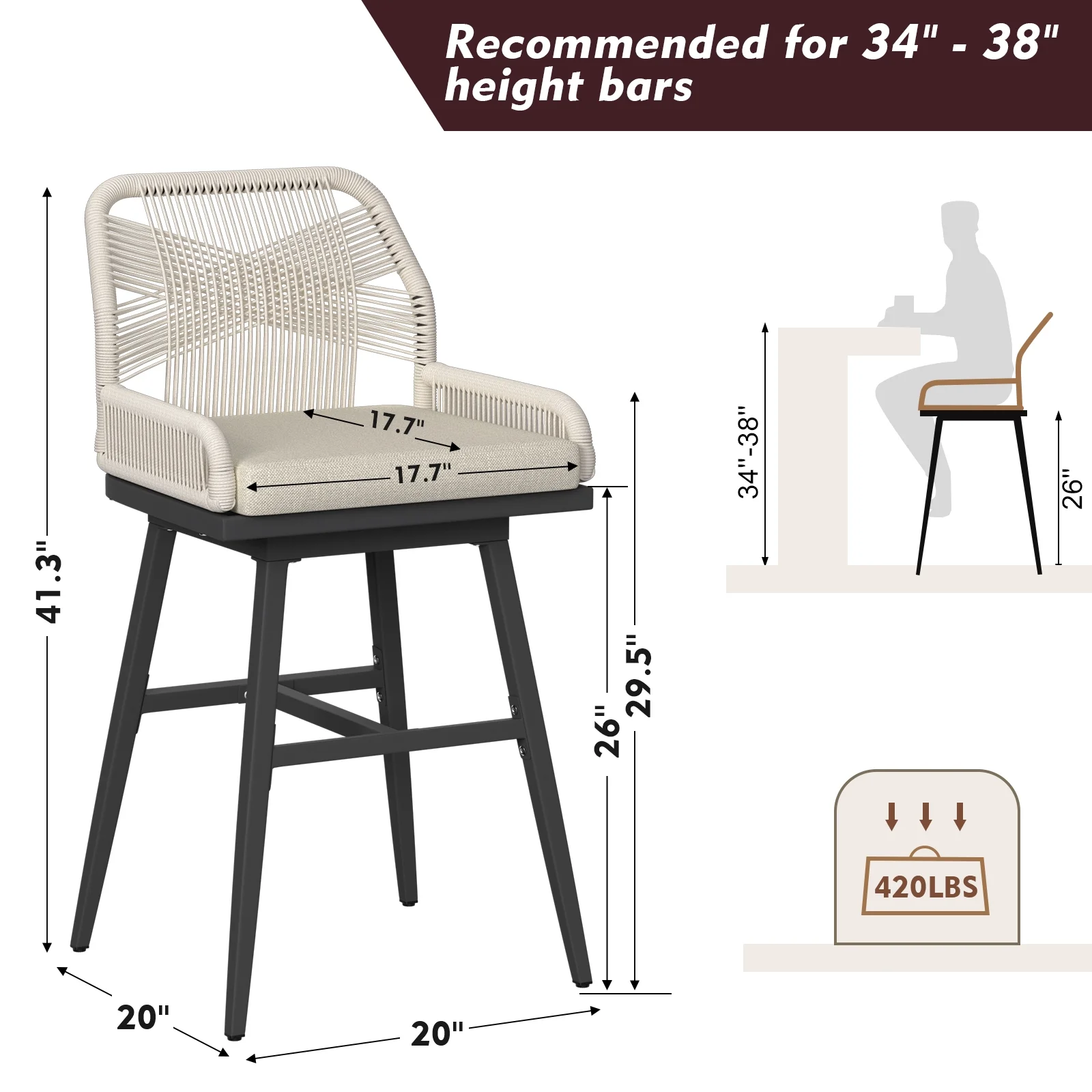 MEISSALIVVE Set of 2 Rattan Swivel Bar Stools, 26" Counter Height with Woven Rope Back, Cushioned Patio Bar Chairs for Kitchen, Garden, Beige - Image 2