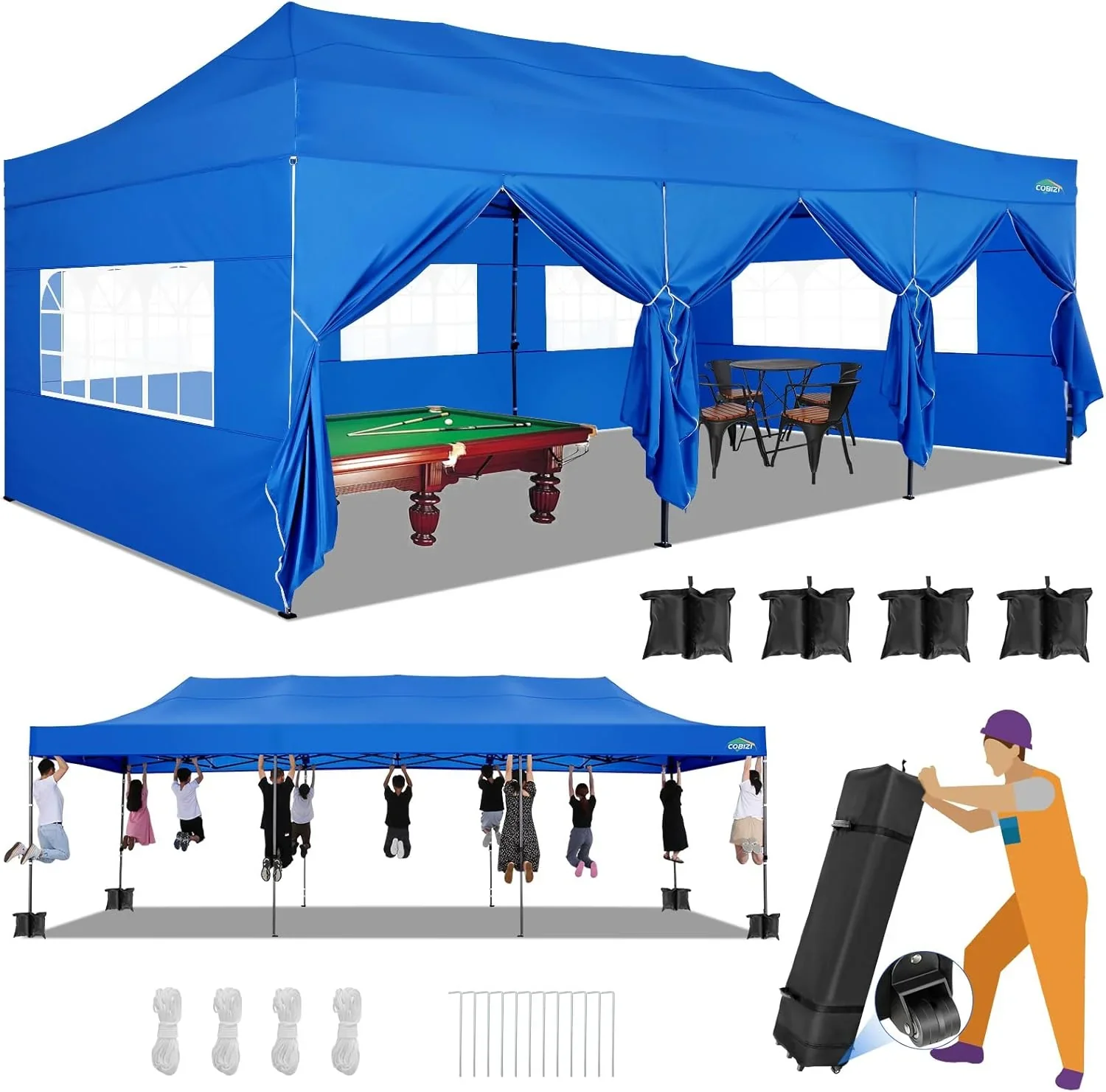 COBIZI 10x20 Heavy Duty Pop up Canopy Tent with 6 sidewalls Easy Up Commercial Outdoor Canopy Wedding Party Tents for Parties All Season Wind & Waterproof Gazebo with Roller Bag,Black(Frame Thickened)