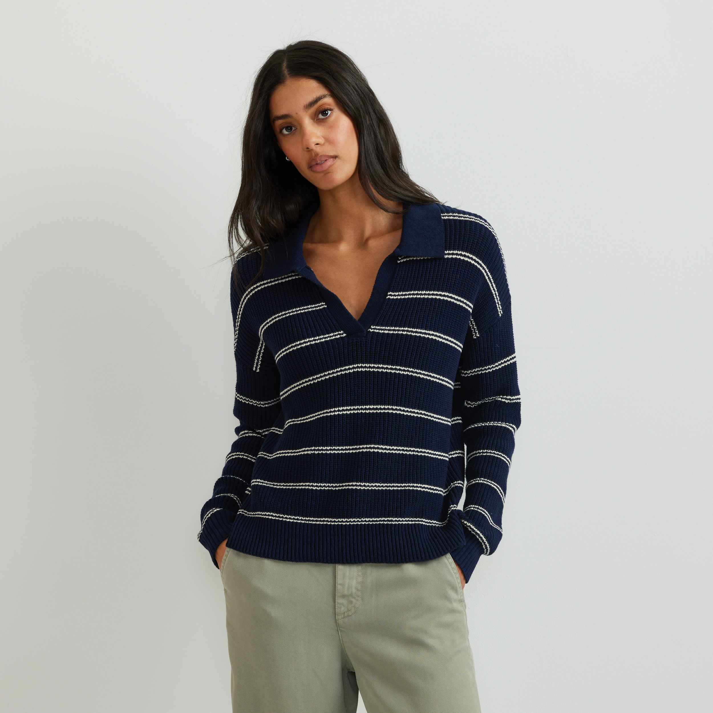 Women's Johnny Collar Striped Sweater - Eddie Bauer Outlet