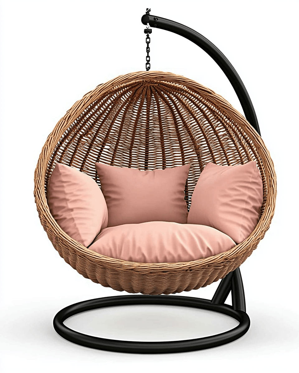 Silla colgante de ratán sintético 105×70×120 cm – natural/rosa – con cojines y estructura de acero