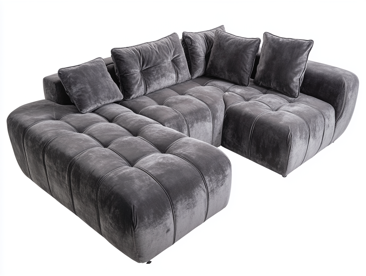 Sofá de terciopelo gris y moderno rinconero para sala de estar