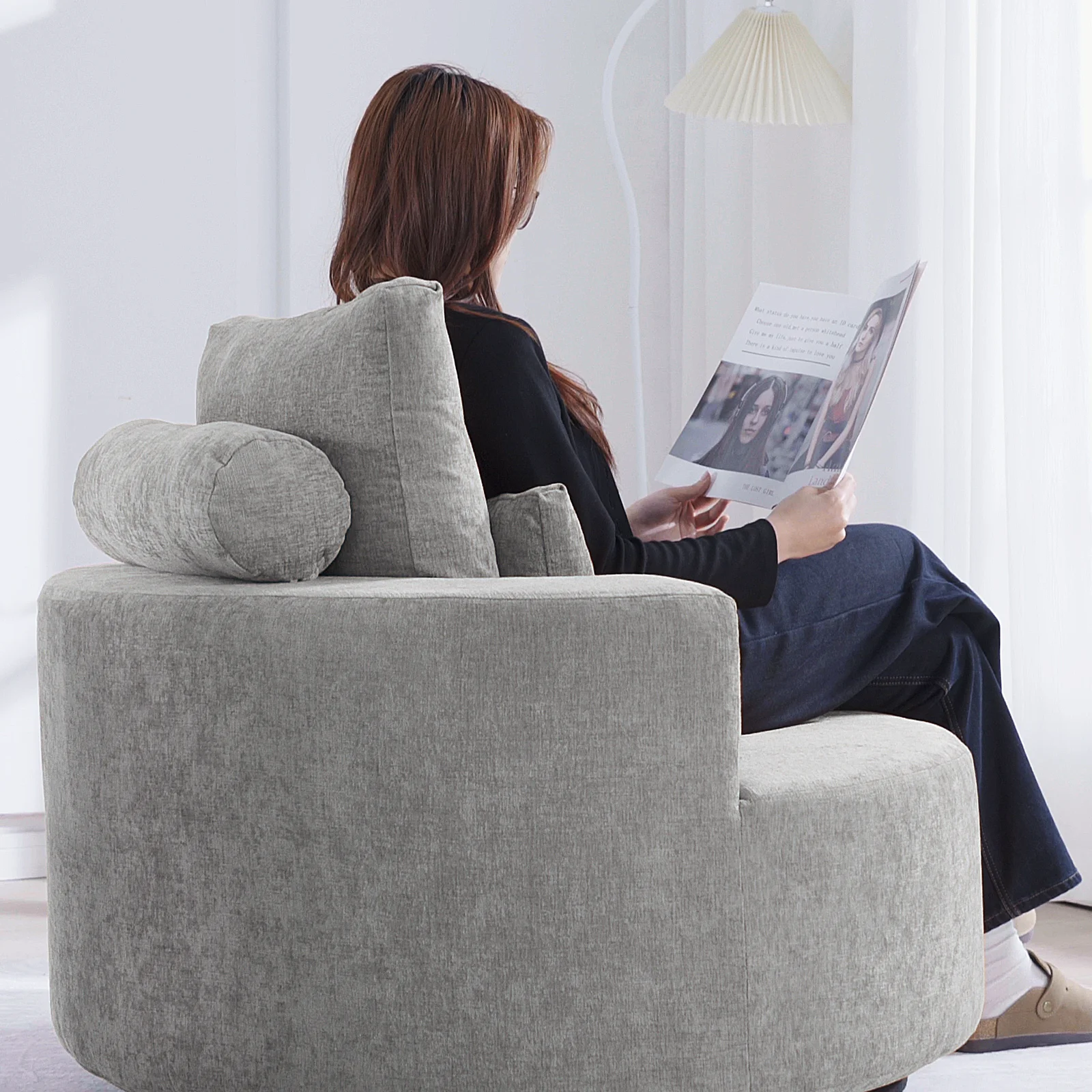 Fumahaus Upholstered Swivel Accent Chair, Oversized Comfy Round Sofa Chair with Two Pillows, Leisure Sofa Chair for Living Room Bedroom, Beige - Image 23