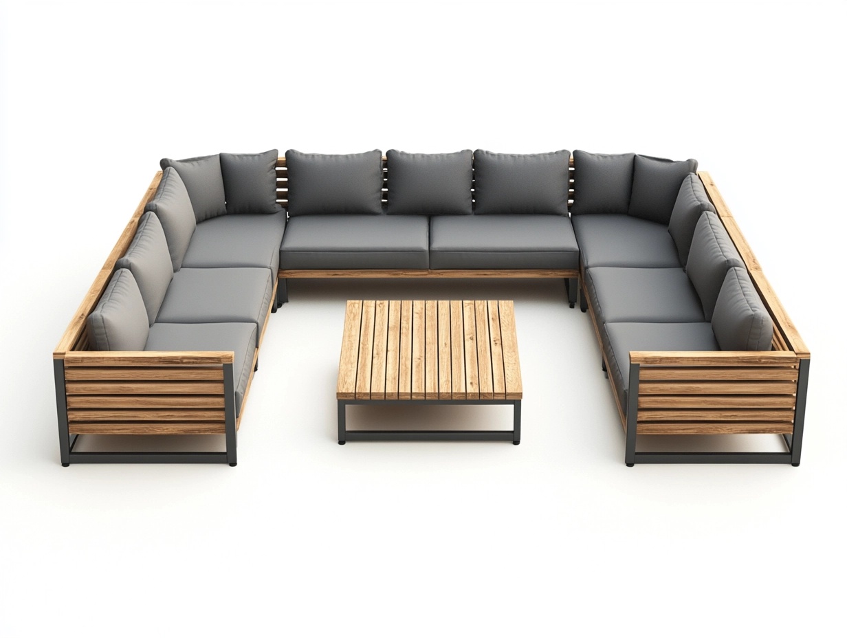 Sofá rinconero modular gris estilo moderno para exteriores con mesa de té madera y aluminio 320x250 cm XF7227000