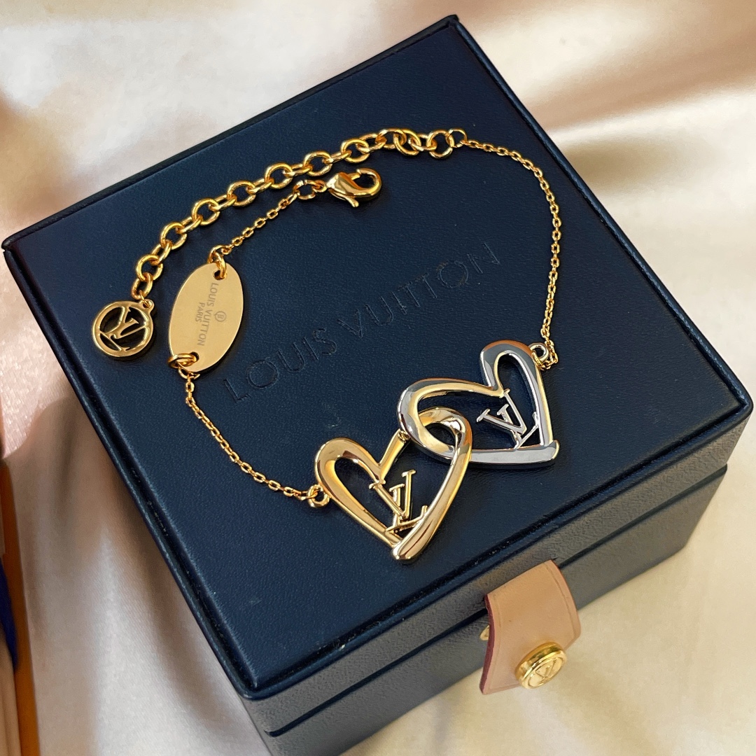 Louis Vuitton Hollow Silver Gold Double Interlocking Hearts Bracelet - Original Replica Club
