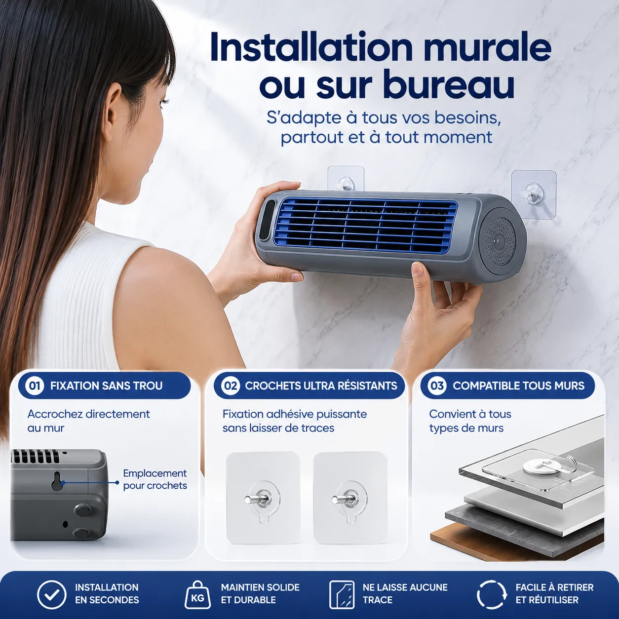 Climatiseur Portable Airéna | Ventilateur mural rechargeable silencieux 3 vitesses