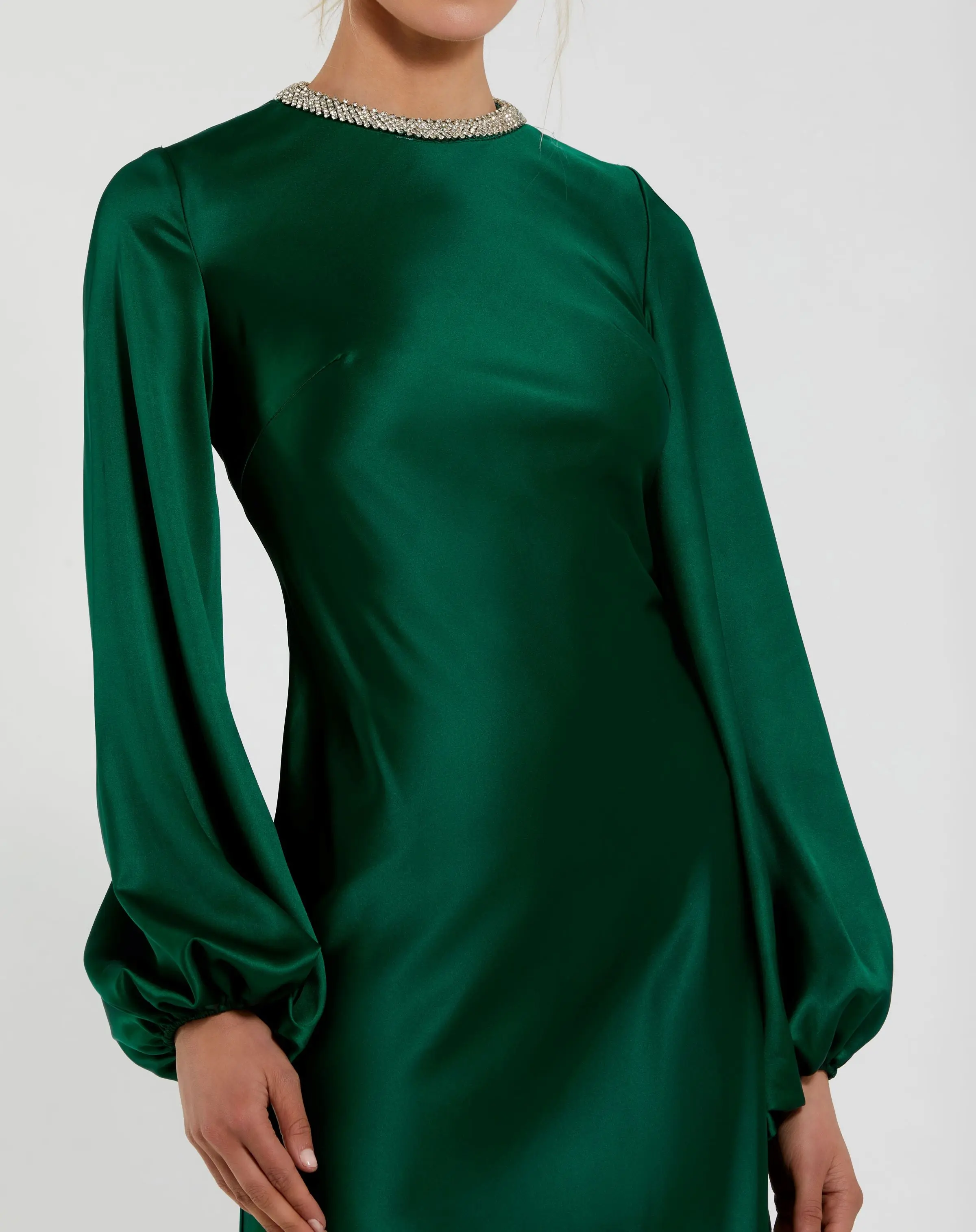 Green High Neck Long Sleeve Crystal Detail Dress - Special Events Unlimited