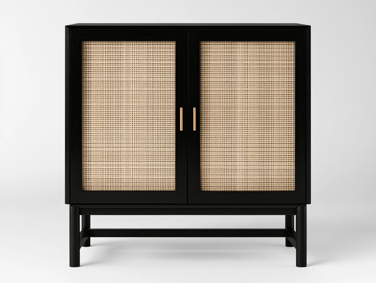 Armario negro con puertas de ratán – diseño moderno y elegante