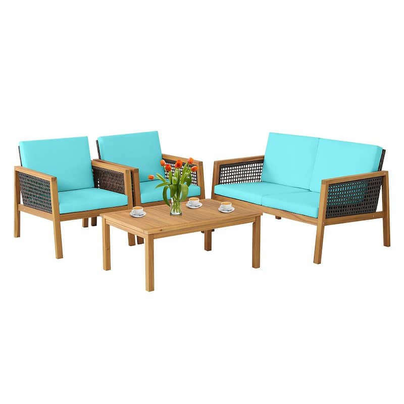 Set de Muebles de Patio de 4 Piezas en Ratán con Sofá Acabado en Madera de Acacia y Cojines Turquesa mz5642336